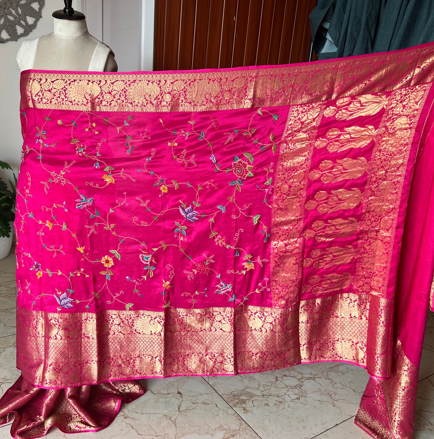 Hot Pink Petit Point Hand Embroidered Saree