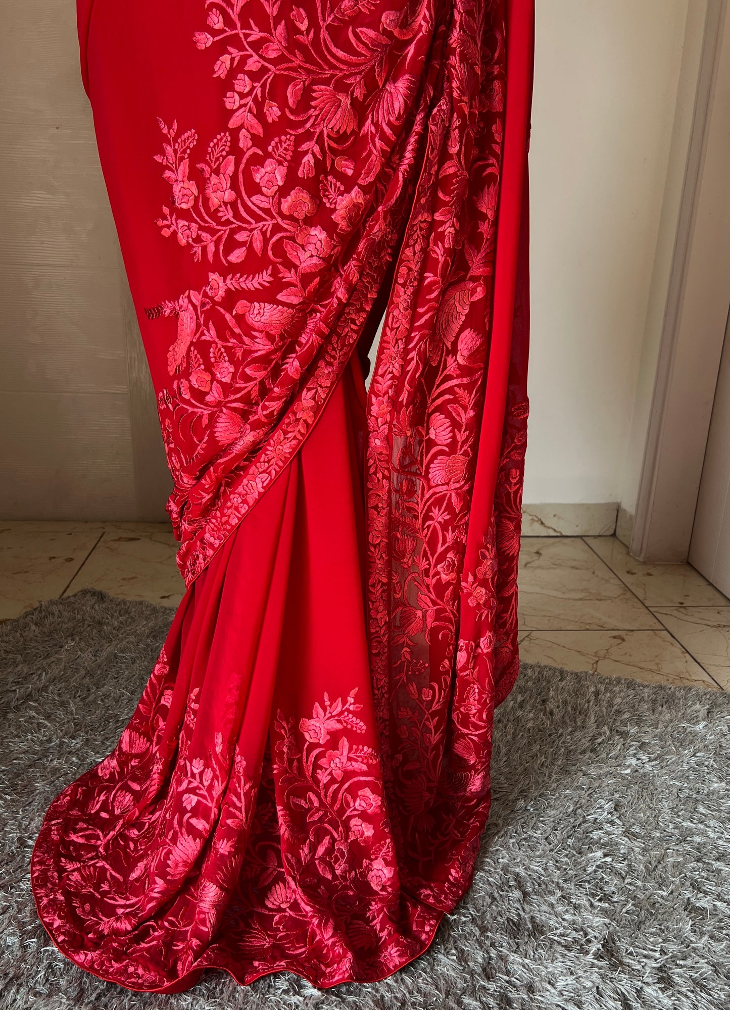 Roja Red pure georgette saree with parsi gara hand embroidery