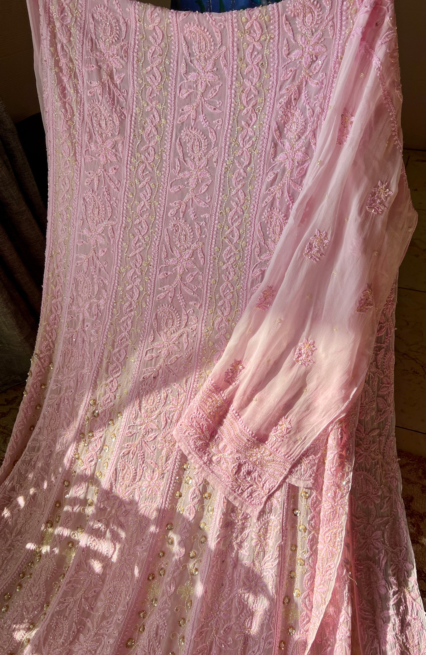 Pretty pink Chikankari Sequins Cut Dana pearl Anarkali