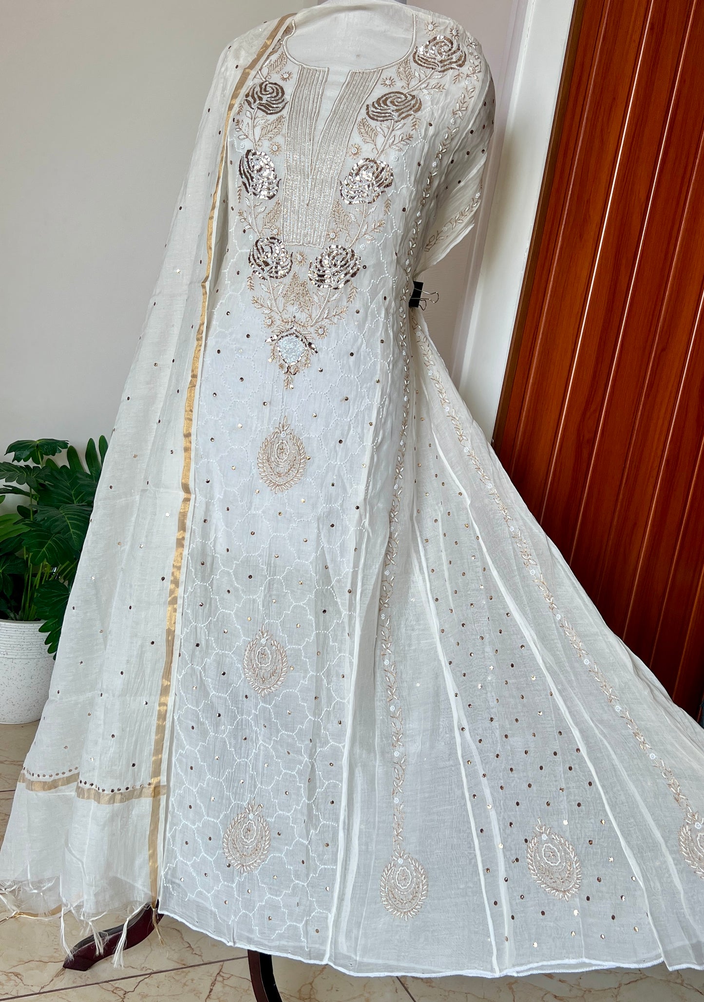 Mul Chanderi Anarkali with Mukaish and pearl work