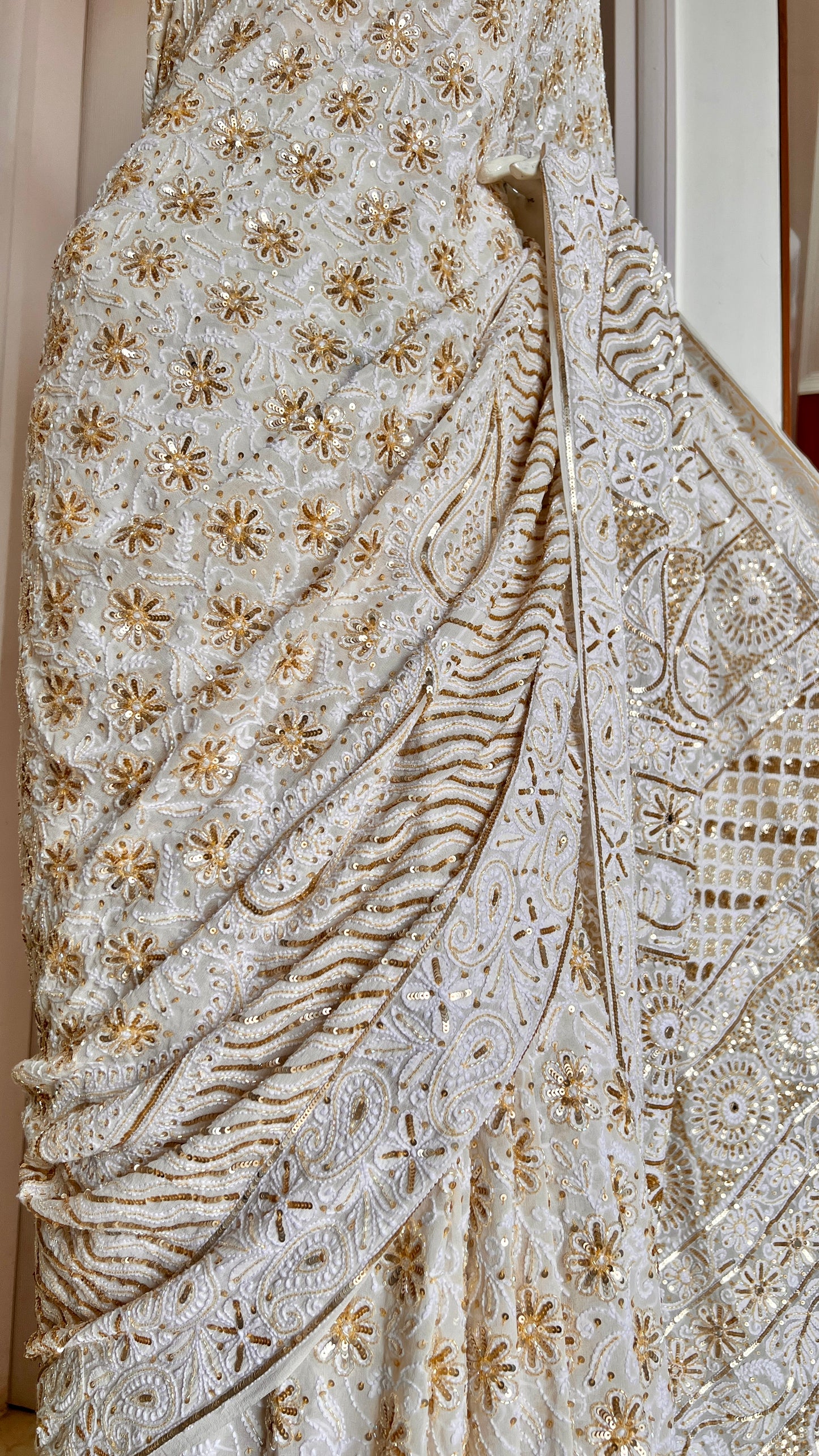 Ruhani Off White Chikankari Sequins Cut Dana Embroidered Masterpiece Saree