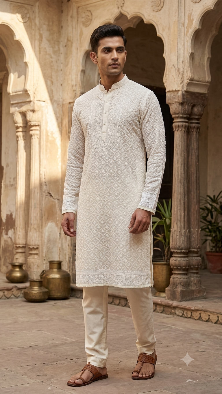 Ivory Allover Chikankari Men's Kurta Fabric