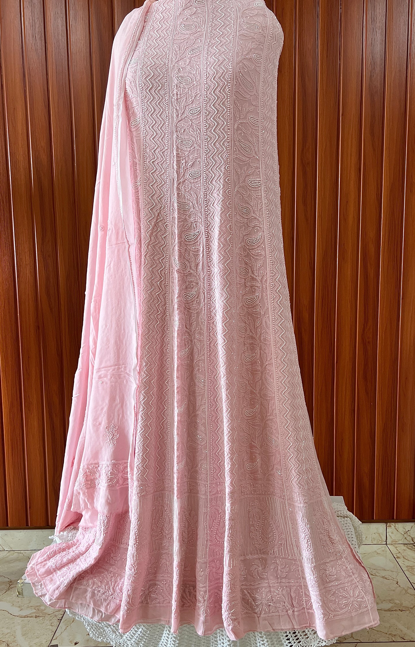 Peachy pink Chikankari Cut Dana and pearl Anarkali with Dupatta