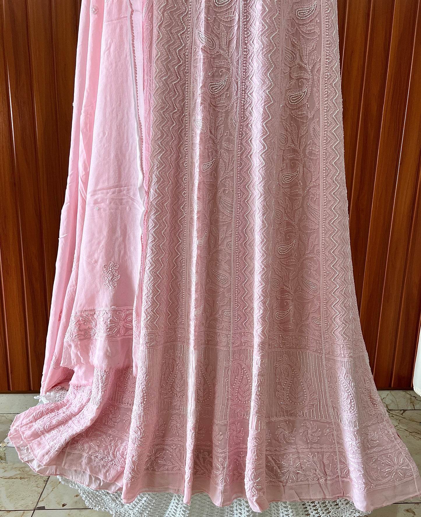 Peachy pink Chikankari Cut Dana and pearl Anarkali with Dupatta