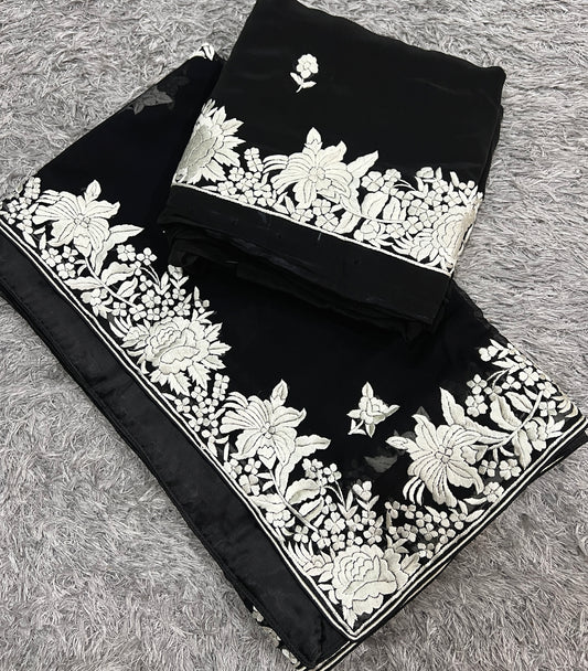 Black Parsi Gara Hand Embroidered Full suit