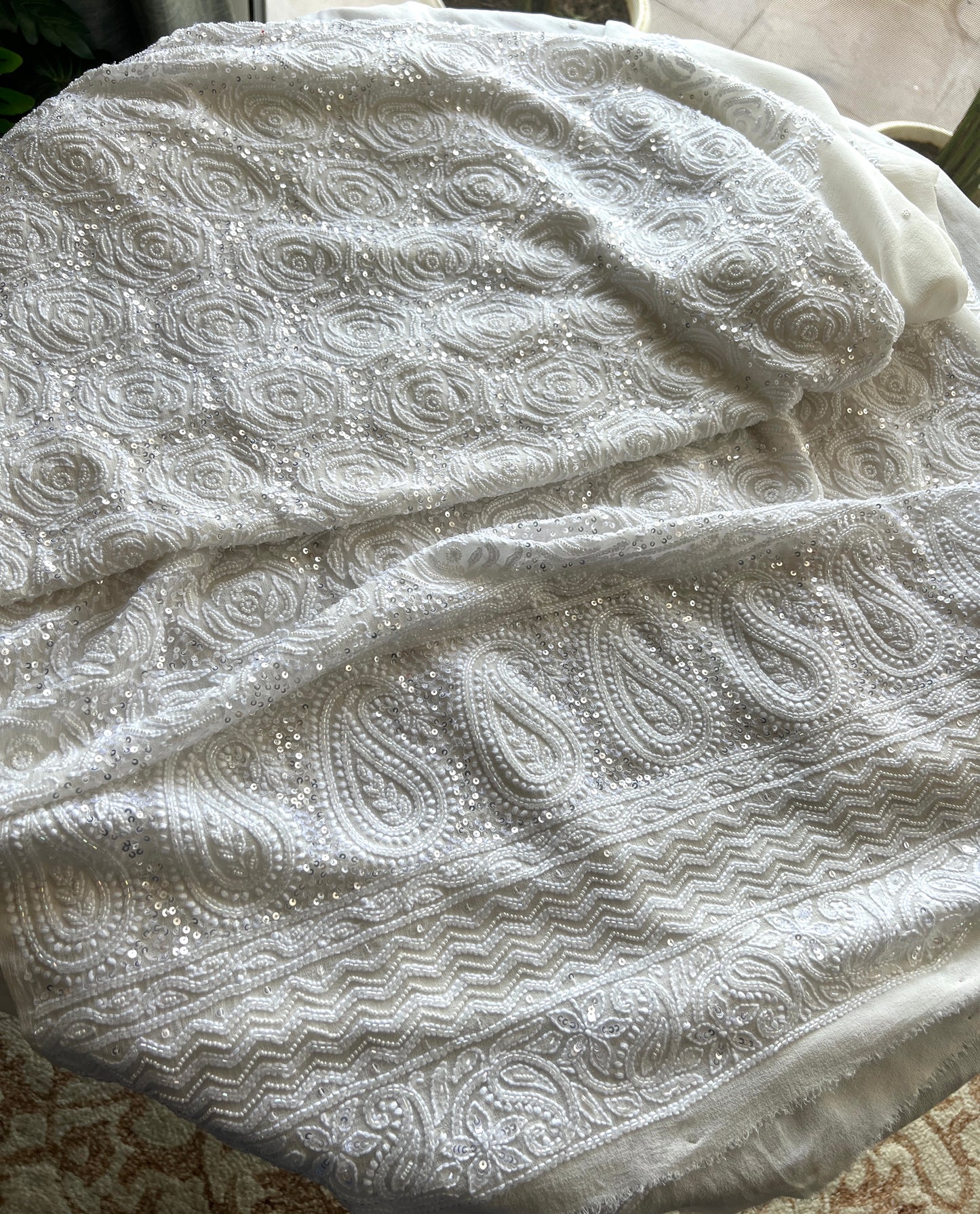 White fine Chikankari Pearl and sequins Embroidered Kurta and Dupatta