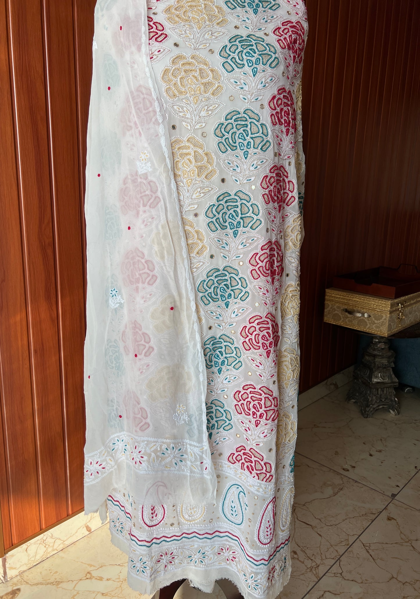 Ivory Chikankari and multicolored Pearl Embroidered Kurta and Dupatta