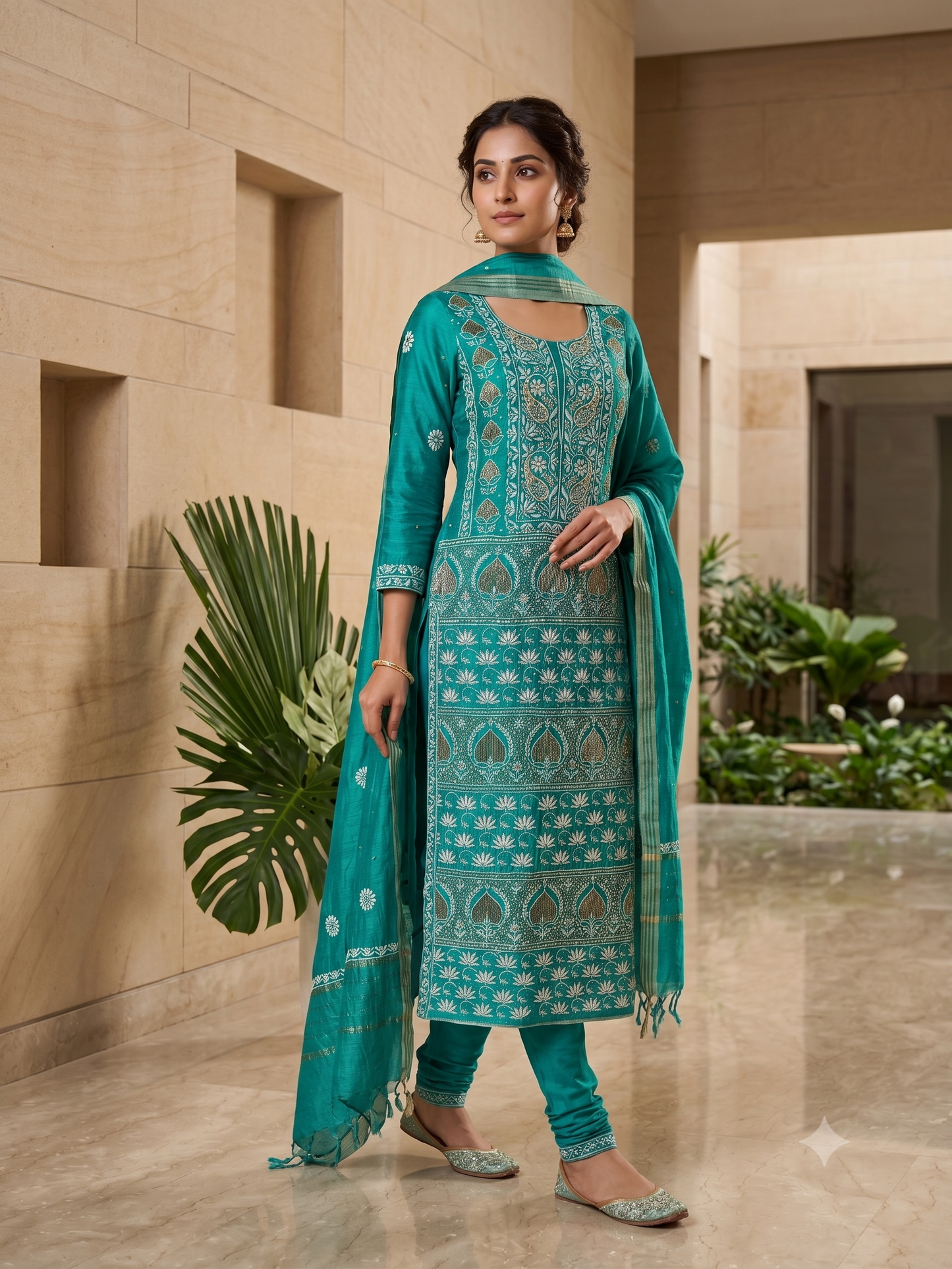 Moonga Silk Chikankari golden cut dana sequins kurta and dupatta