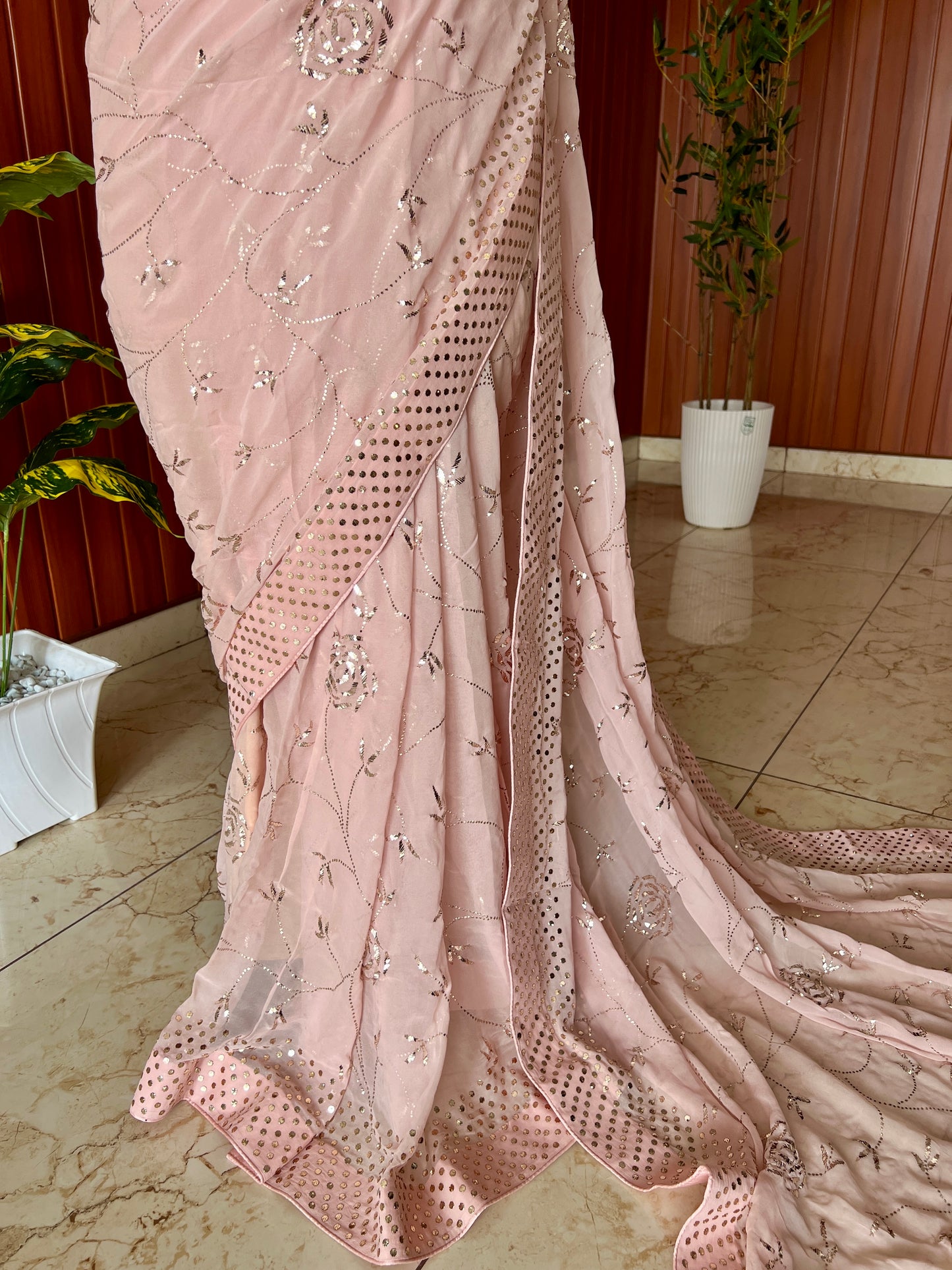 Dusty pink Gulaab Badla and Mukaish work Half pure Georgette Saree