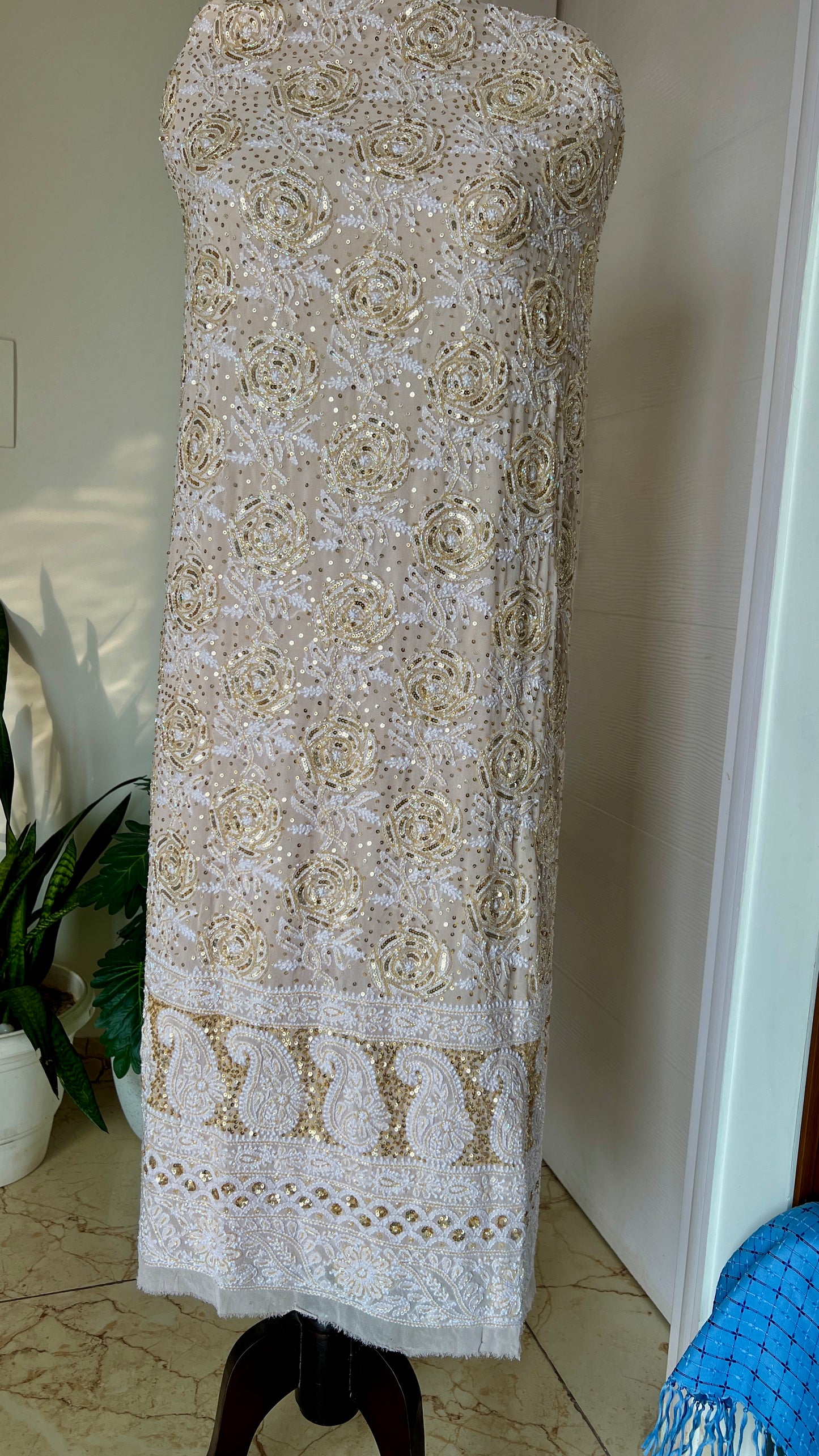 Ruhani Ivory Pink Chikankari golden cut dana sequins kurta and dupatta