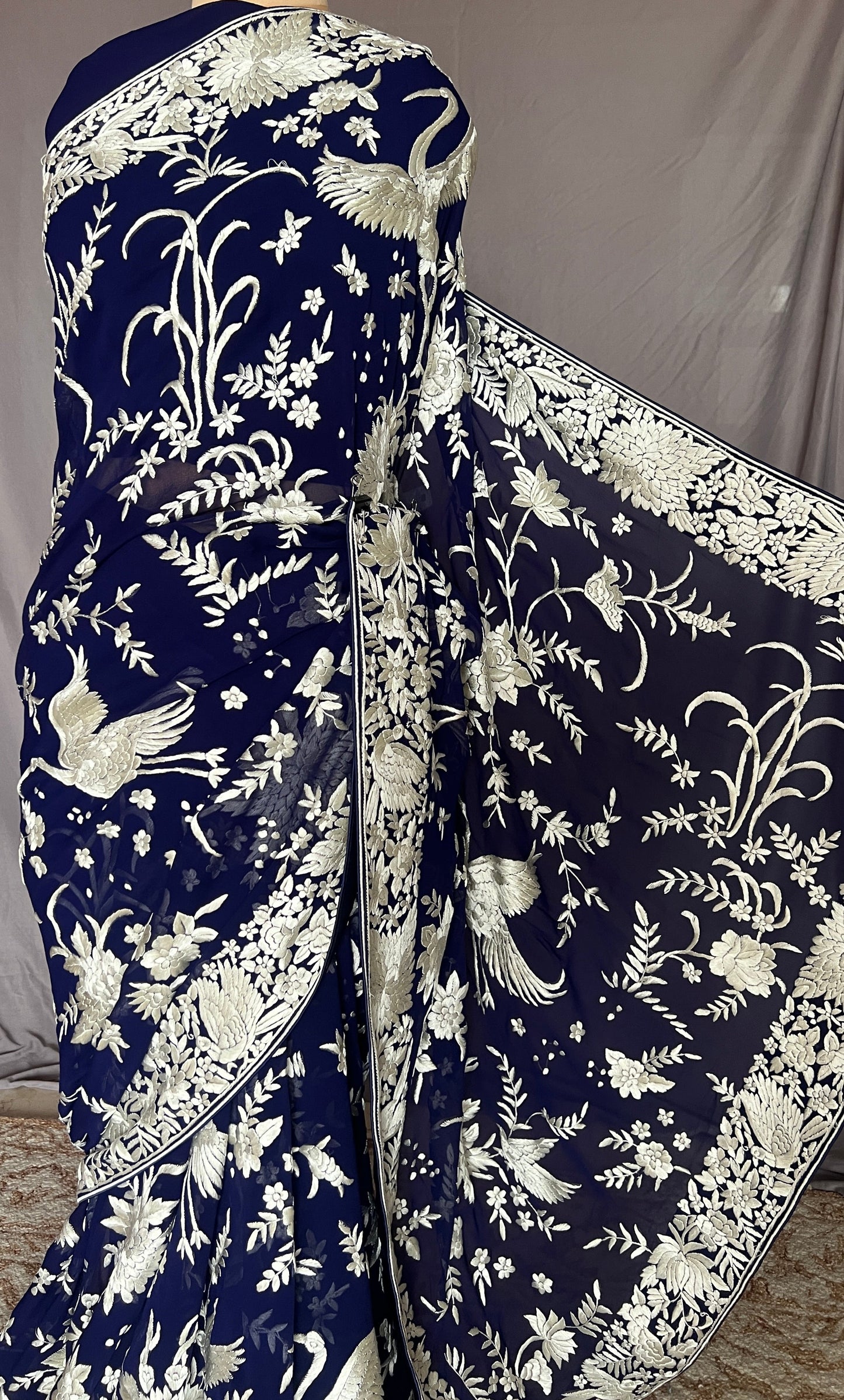 Navy Blue Masterpiece Parsi Gara Pure Georgette Saree