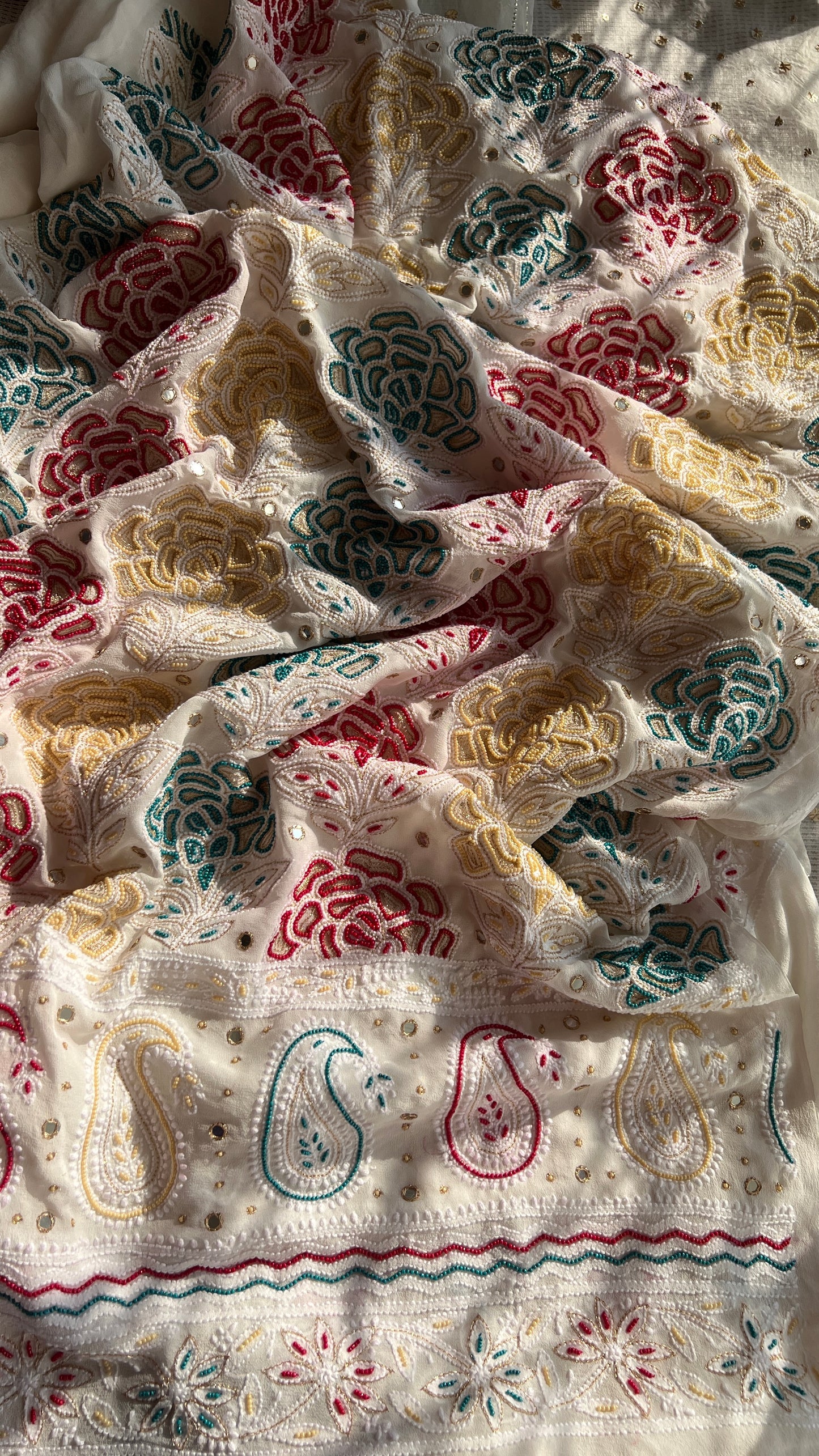 Ivory Chikankari and multicolored Pearl Embroidered Kurta and Dupatta