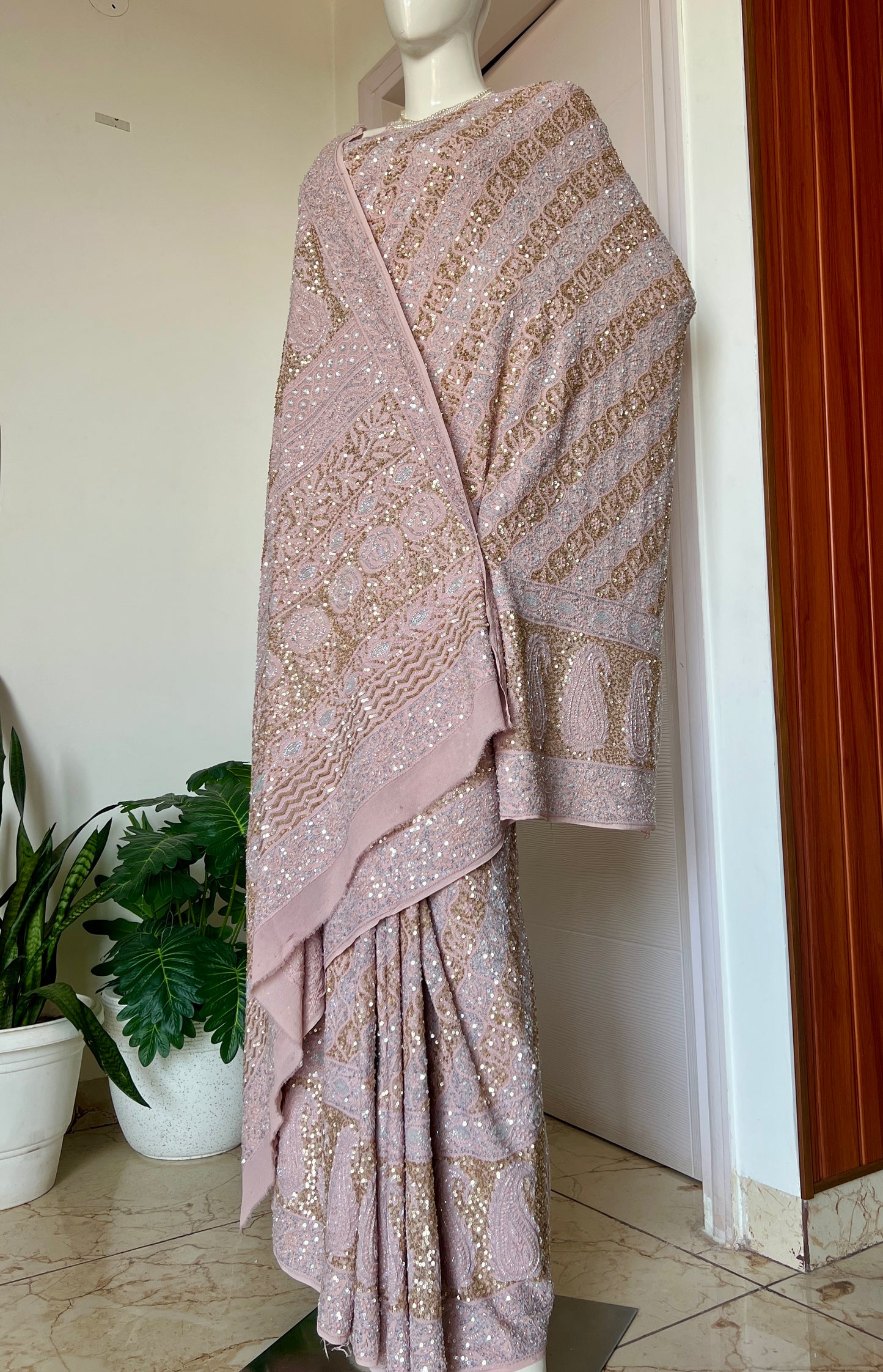 Ruhani Old Rose Chikankari Sequins Cut Dana Embroidered Masterpiece Saree