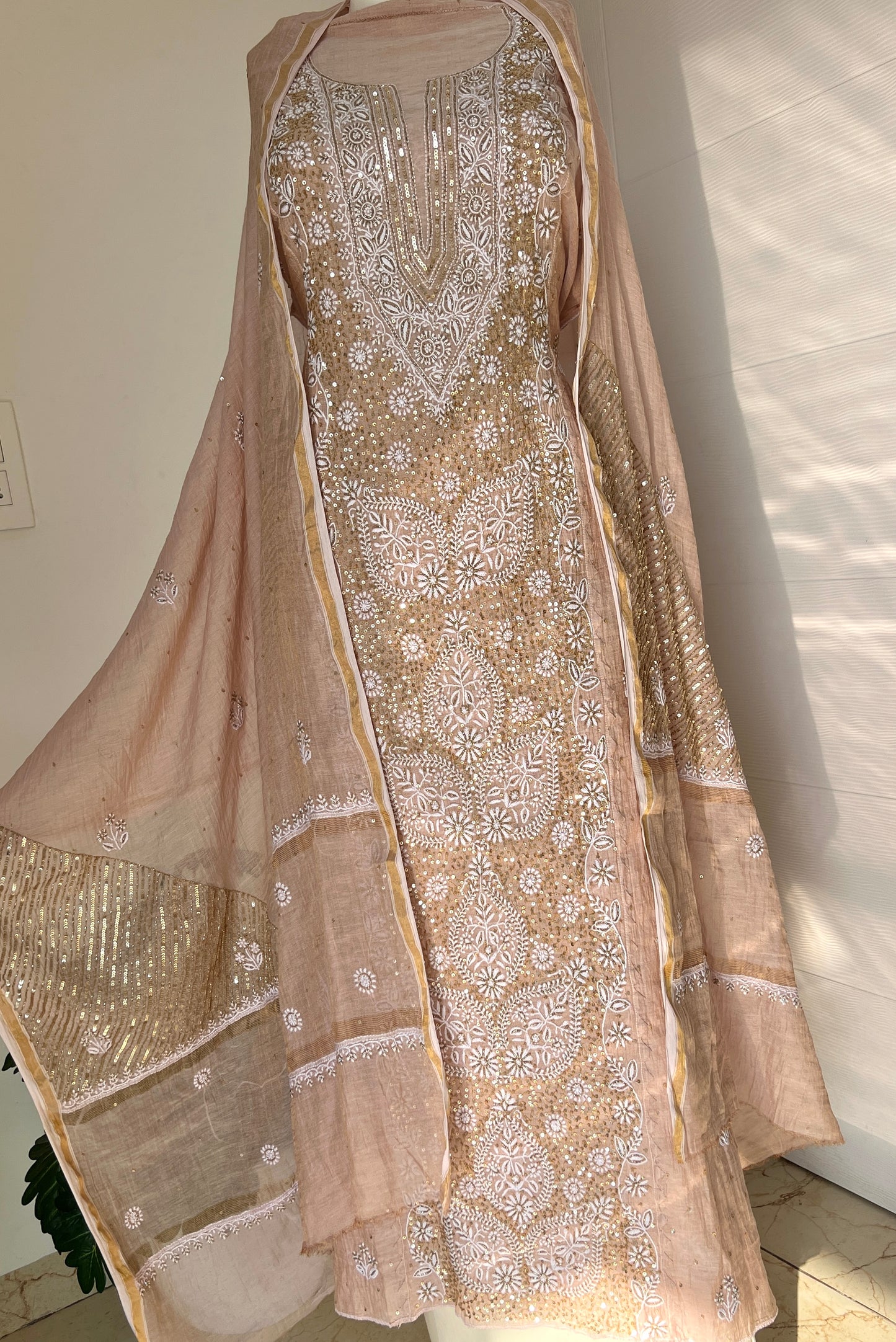 Tissue Silk Chikankari golden cut dana sequins kurta and dupatta