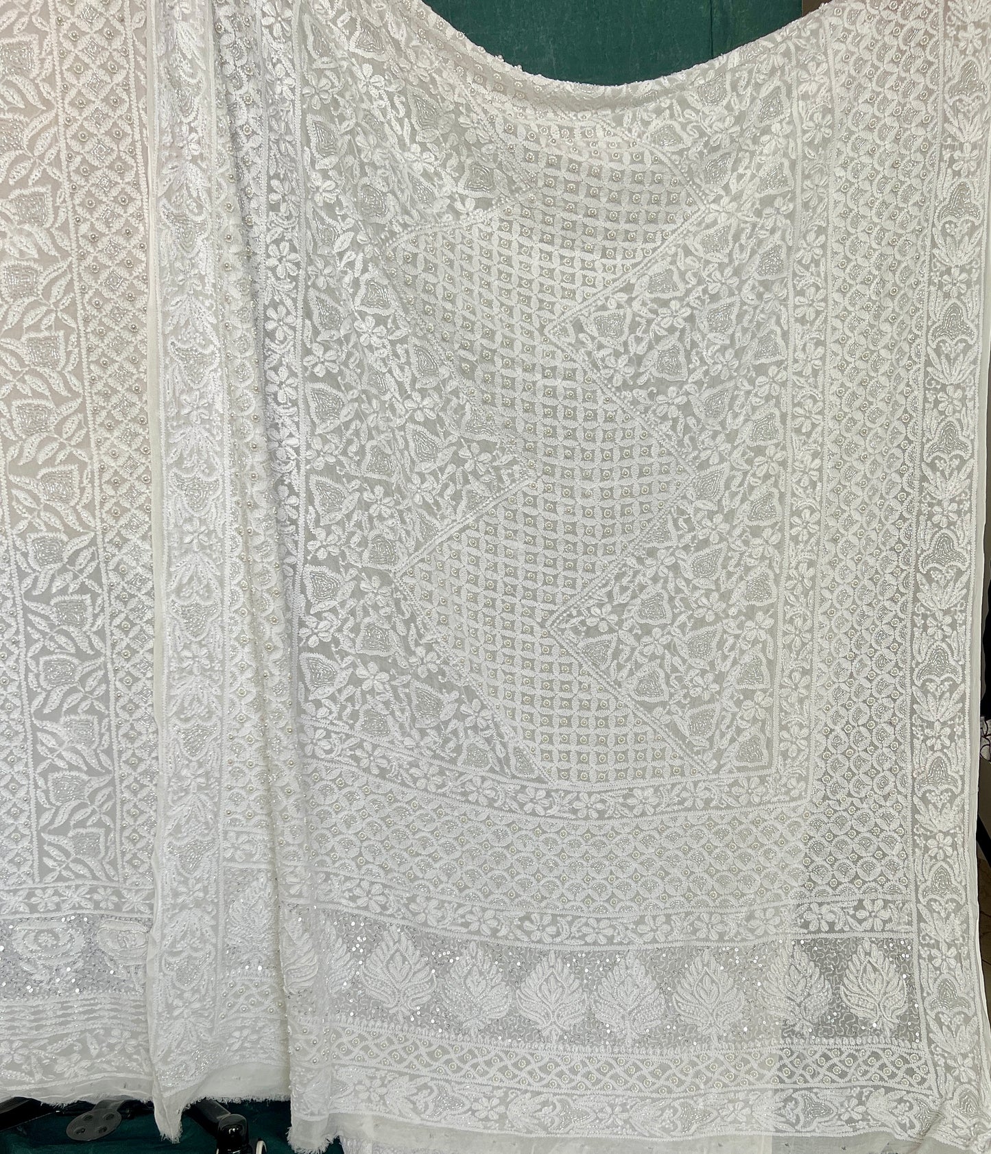 White Chikankari pearl cut Dana and Sequins work Kurta with Jaal Dupatta
