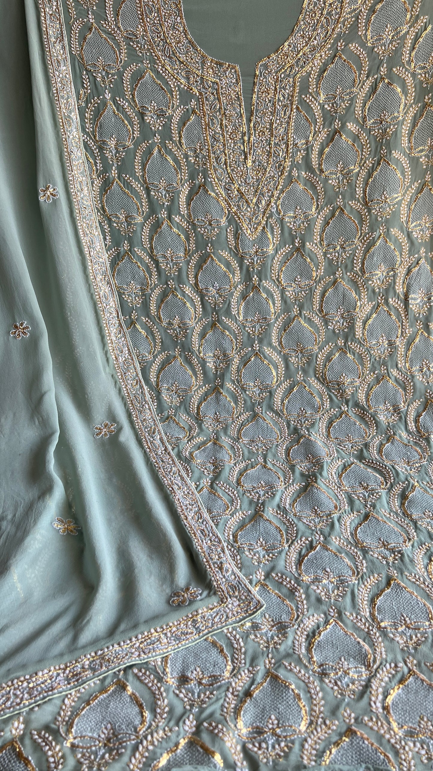 Sage Green Chikankari Pitta kasab work kurta and dupatta
