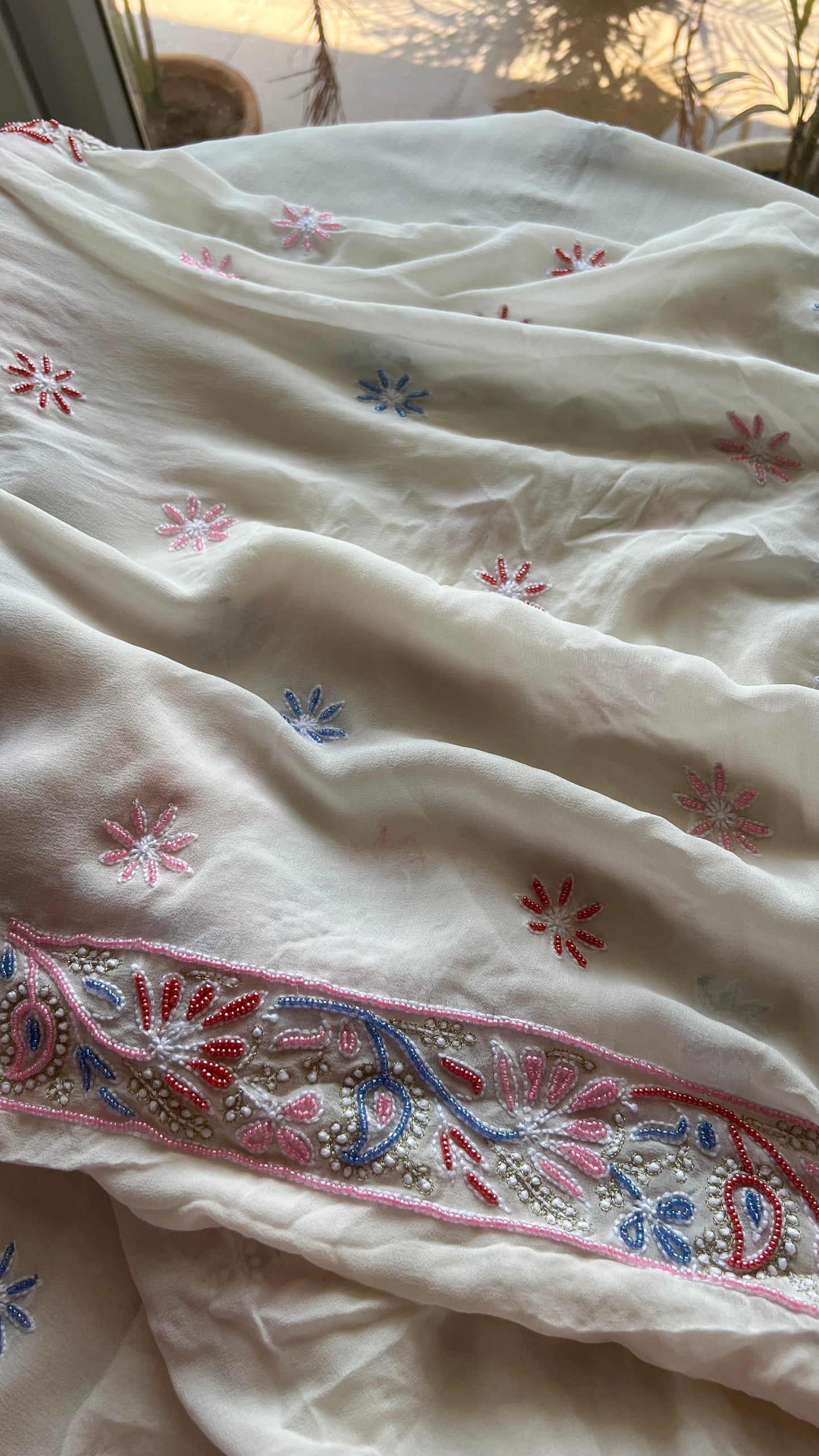 Ivory Chikankari and multicolored Beads Embroidered Kurta and Dupatta