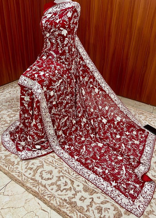 Deep Red Masterpiece Parsi Gara Hand Embroidered Saree