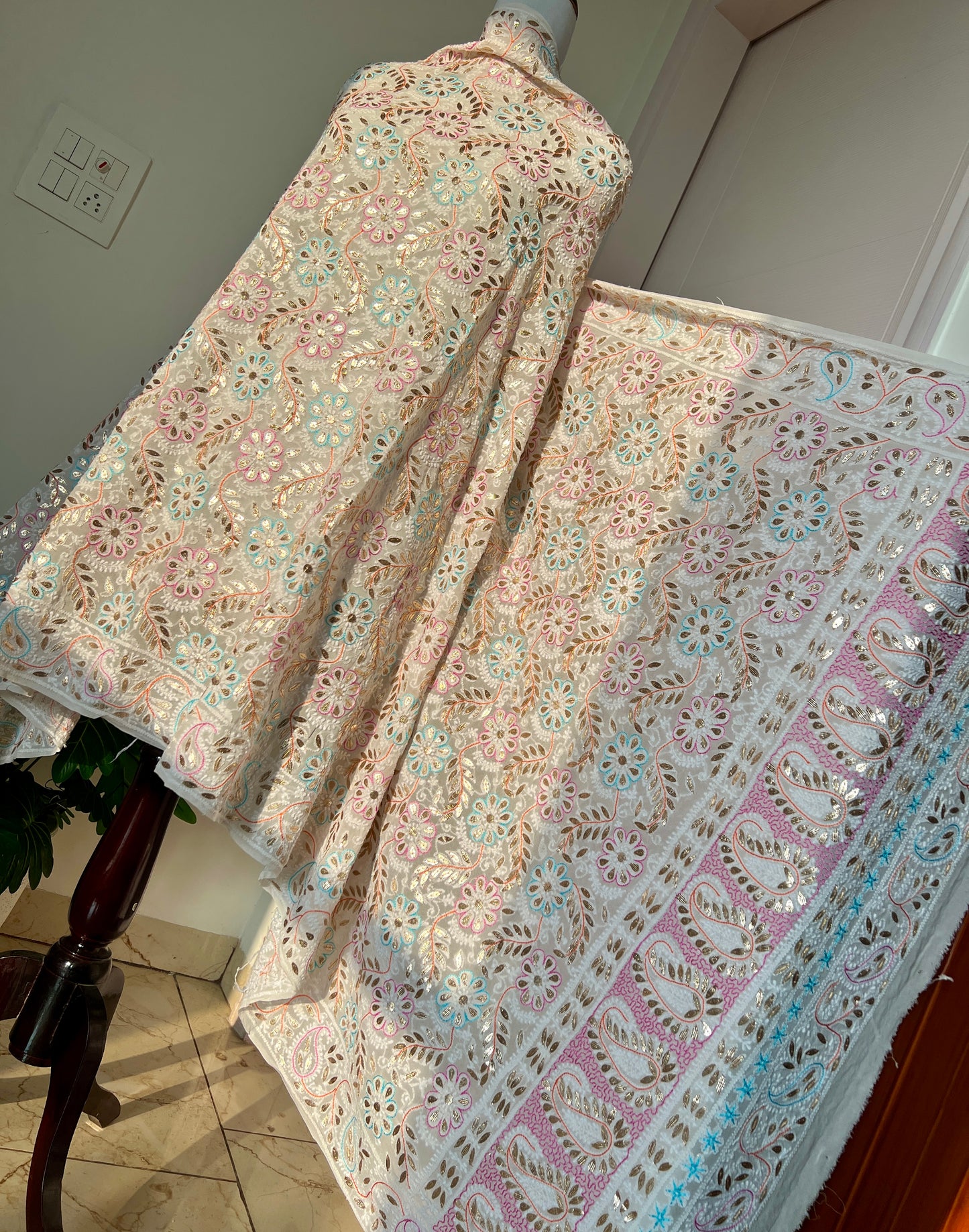 Ruhani Ivory Chikankari multicolored resham and gota patti pure georgette wedding dupatta