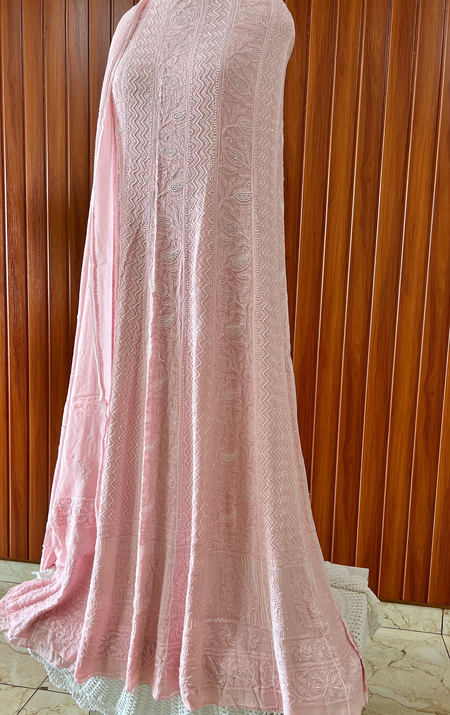 Peachy pink Chikankari Cut Dana and pearl Anarkali with Dupatta