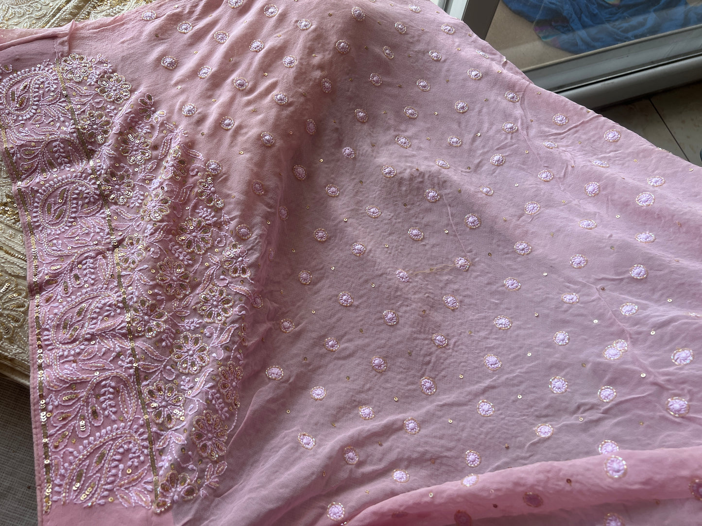 Ruhani Rose Pink Chikankari Sequins Cut Dana Embroidered Masterpiece Saree
