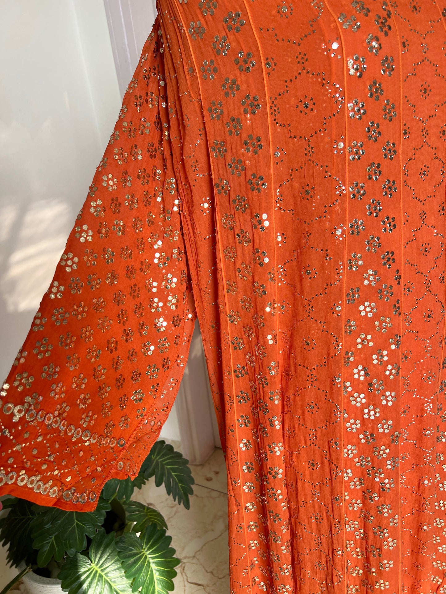 Orange heavy designer Mukaish Georgette Anarkali with Dupatta