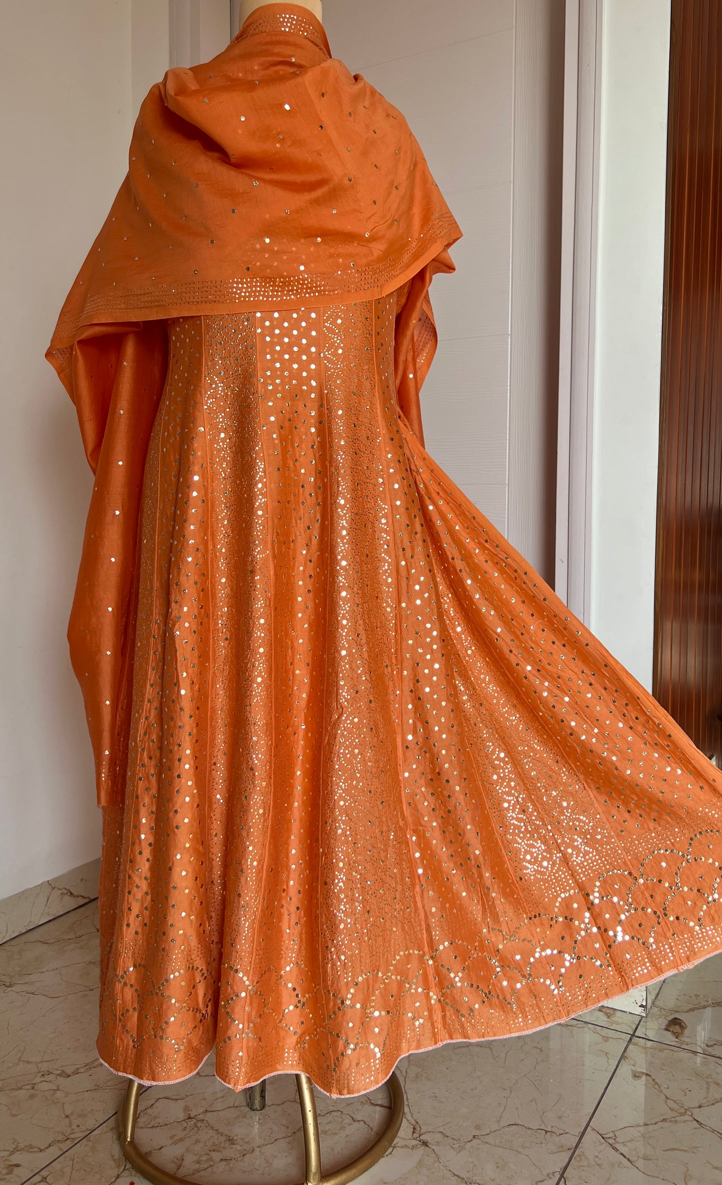 Orange Allover Heavy Mukaish Chanderi Silk Anarkali with Dupatta