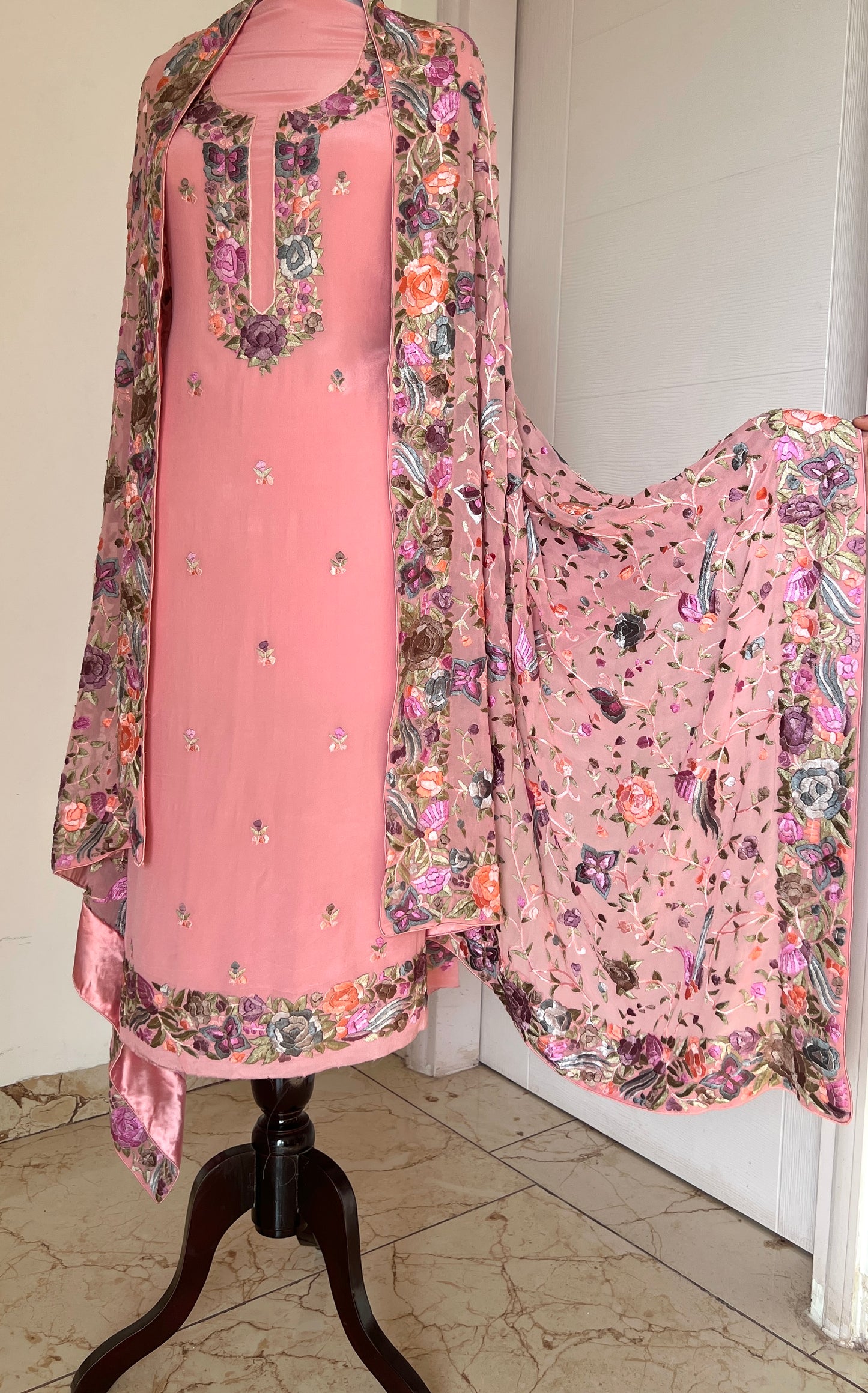 Coral Pink Hand Embroidered Parsi Gara full suit