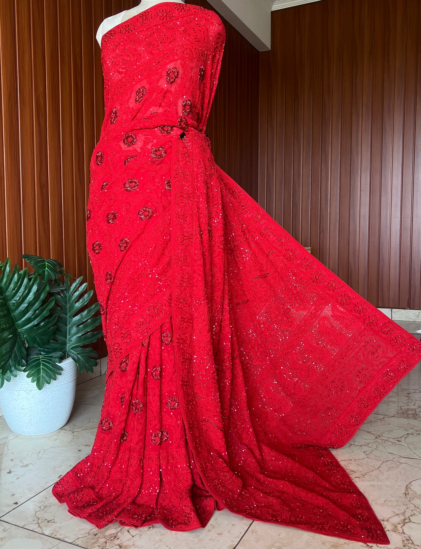 Red Masterpiece Chikankari Cut Dana Sequins Saree