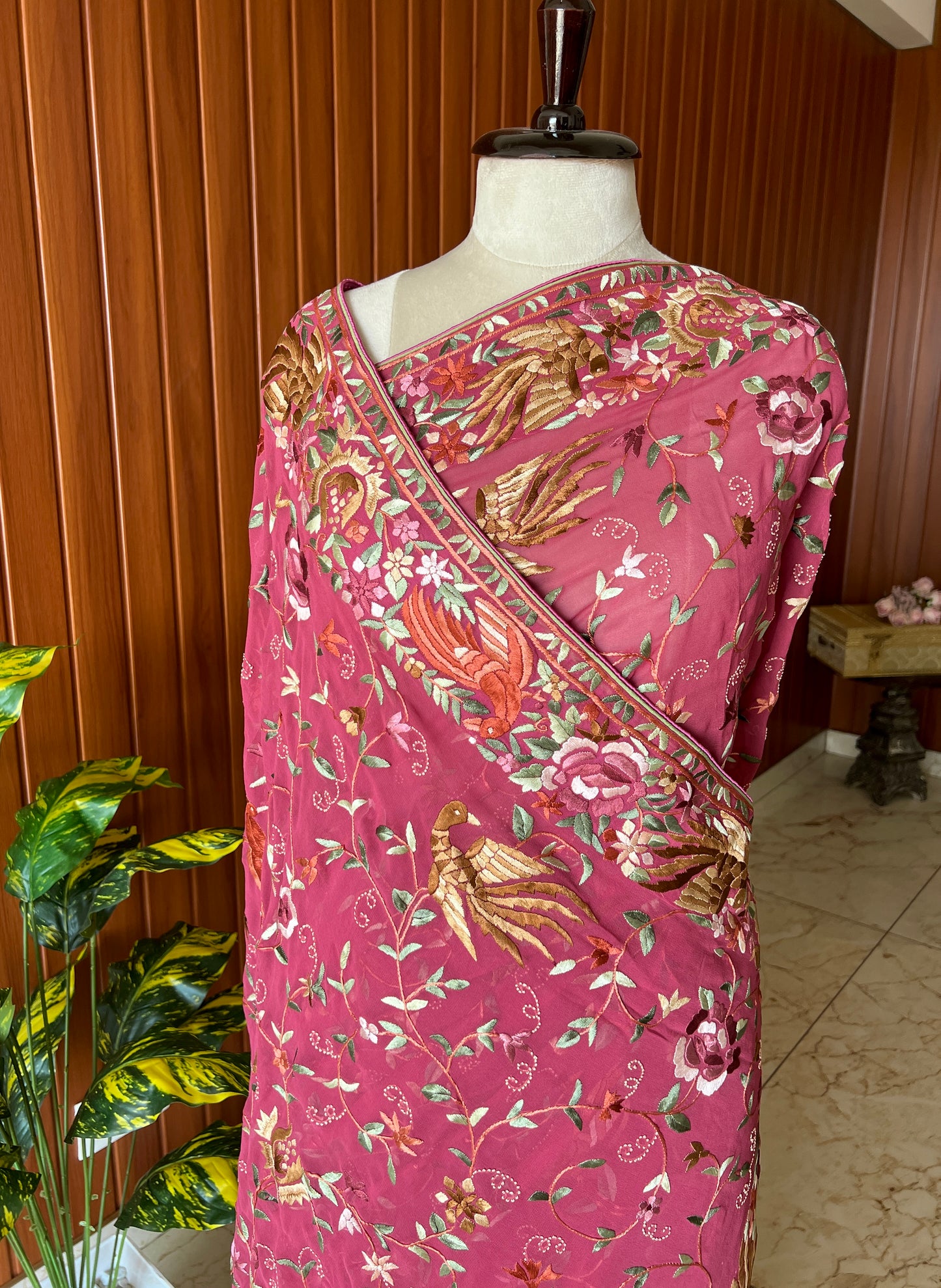 Deep Raspberry Pink Masterpiece Parsi Gara Saree