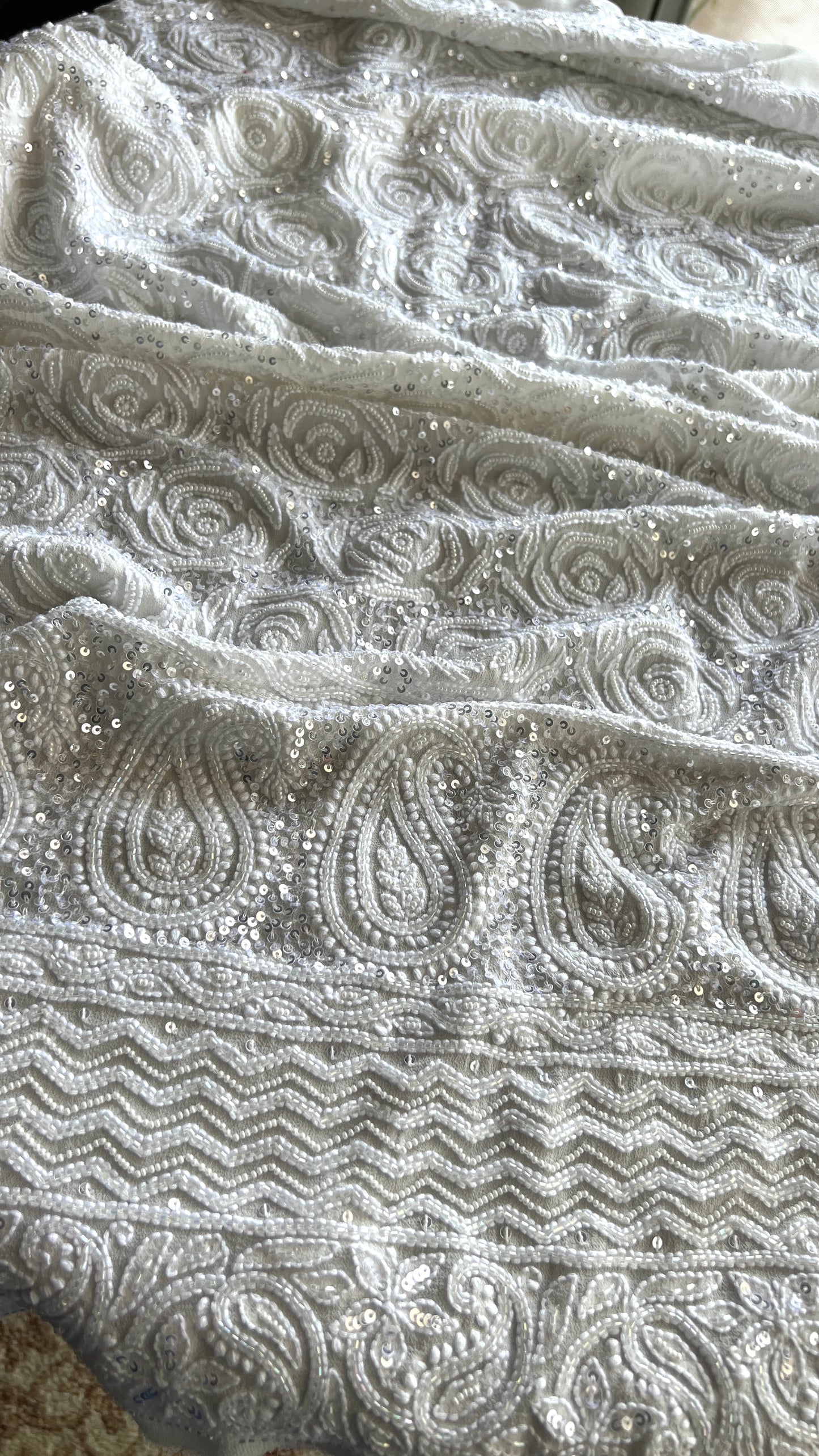 White fine Chikankari Pearl and sequins Embroidered Kurta and Dupatta