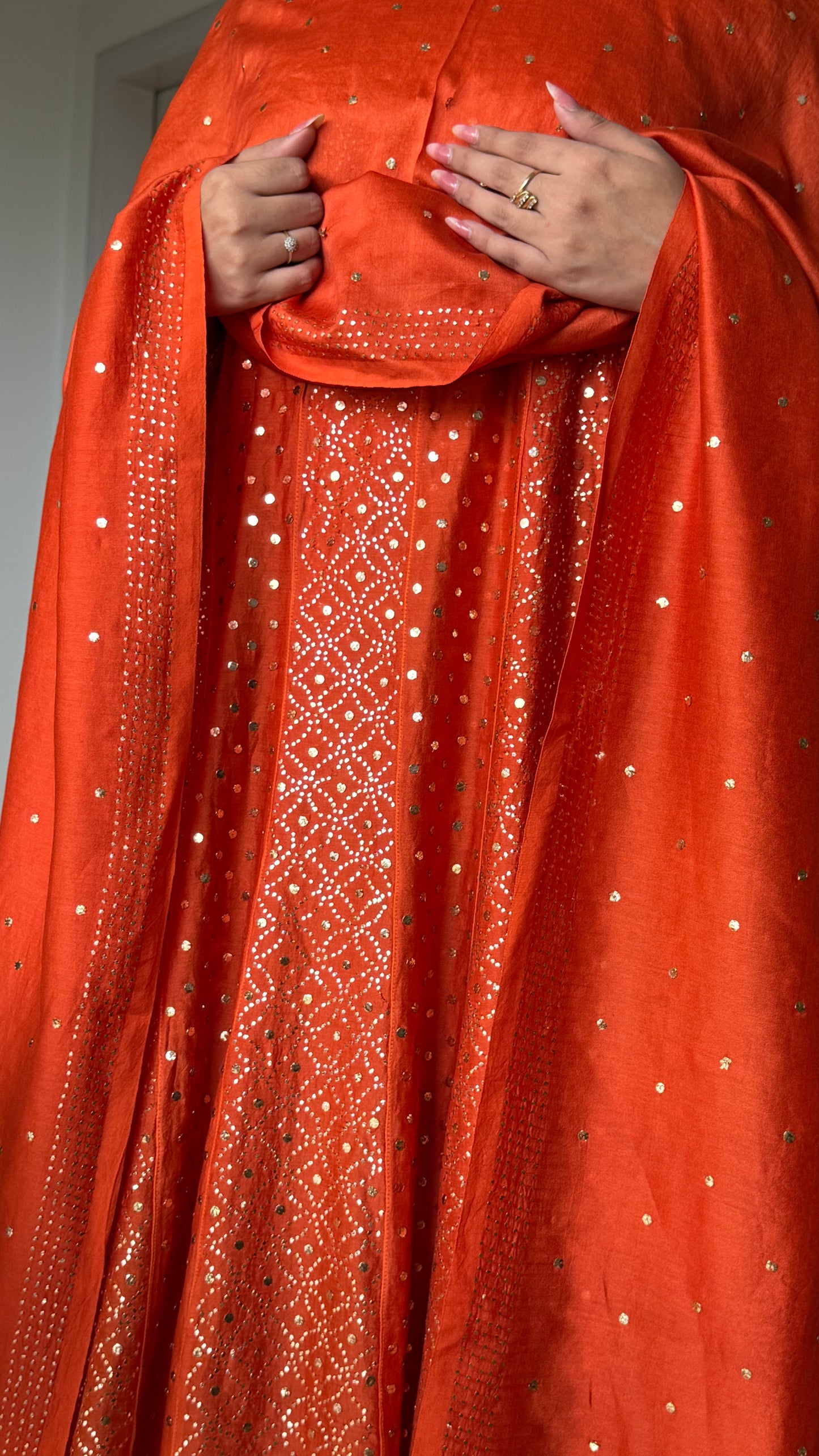 Rust Orange Allover Heavy Mukaish Chanderi Silk Anarkali with Dupatta