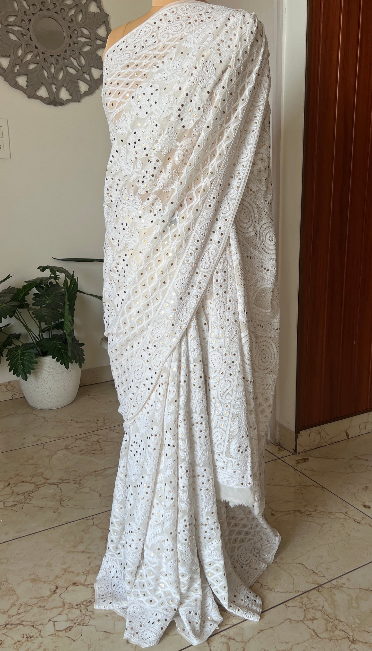 Ruhani Ivory Allover Fine Chikankari and Mukaish Saree