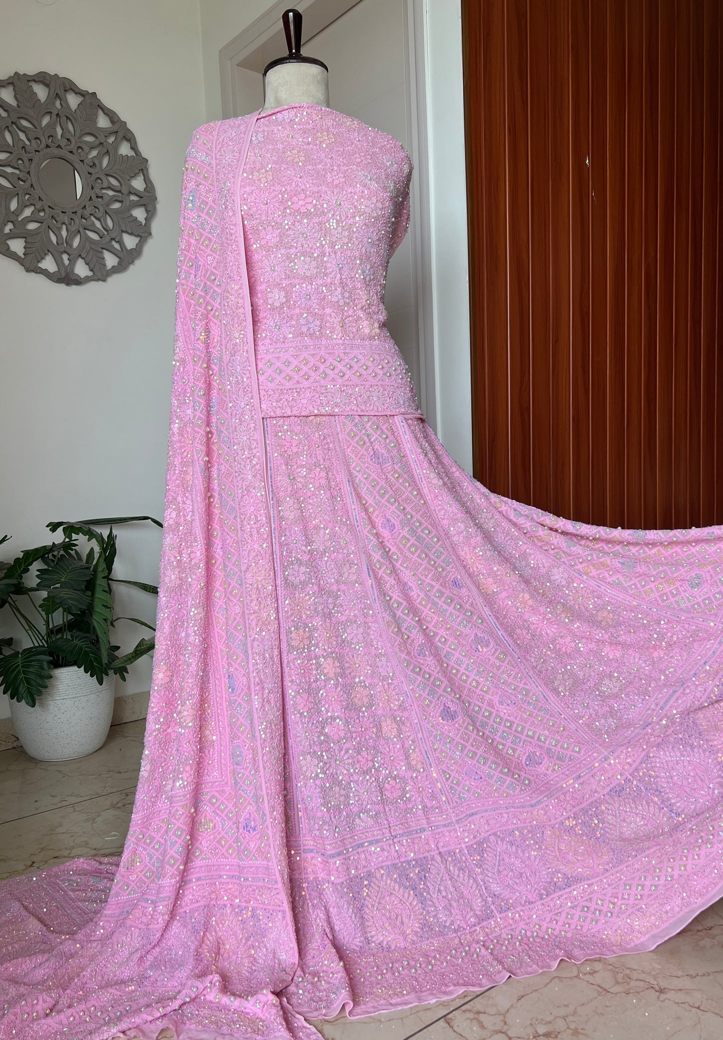 Ruhani Rose Pink Chikankari Multicolored Cut Dana Sequins Lehenga