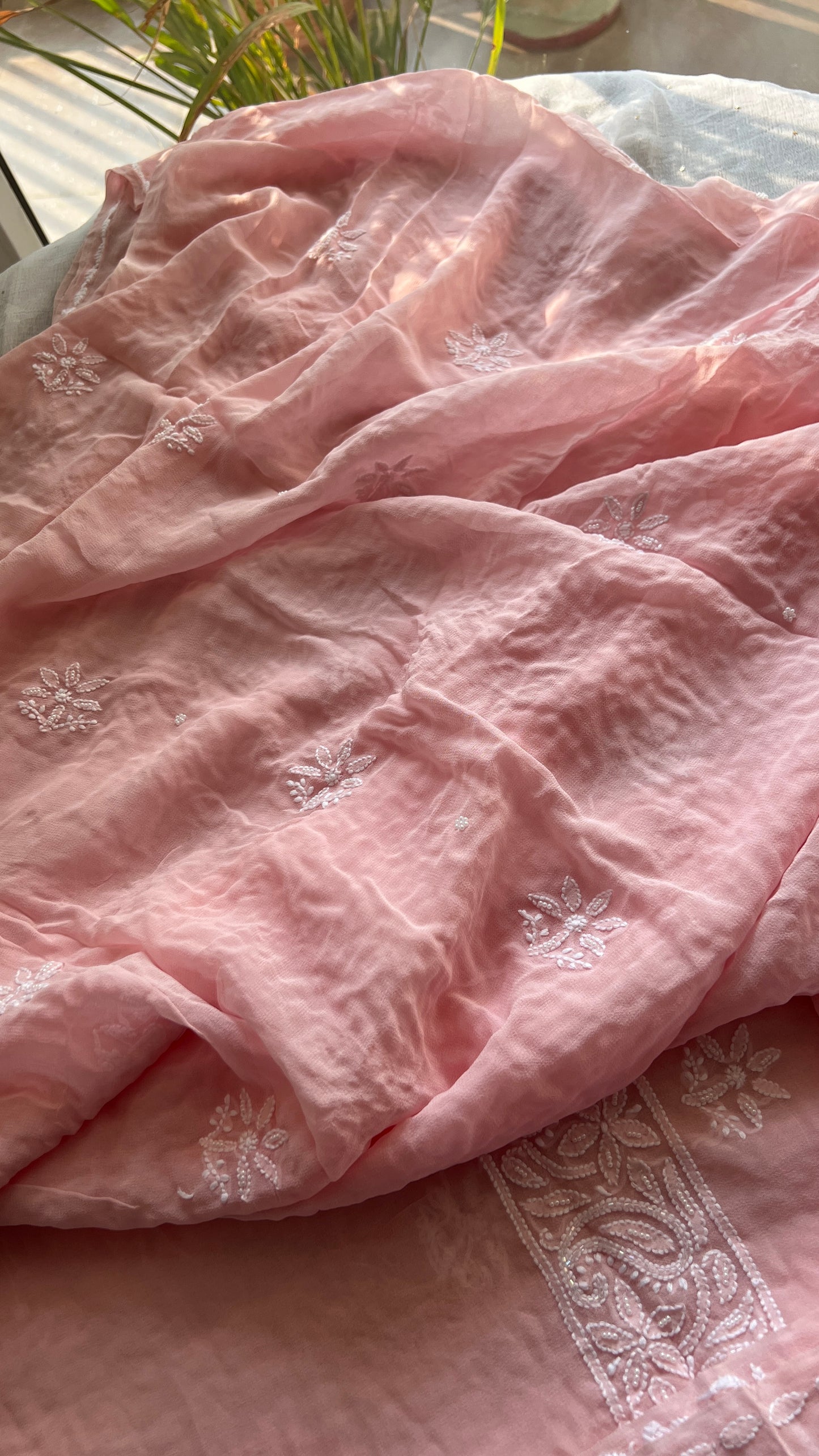 Blush pink fine Chikankari Pearl and sequins Embroidered Kurta and Dupatta