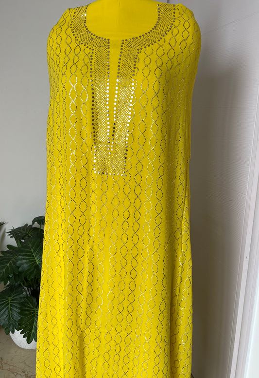Lime yellow heavy Mukaish Work Kurta and Dupatta Set