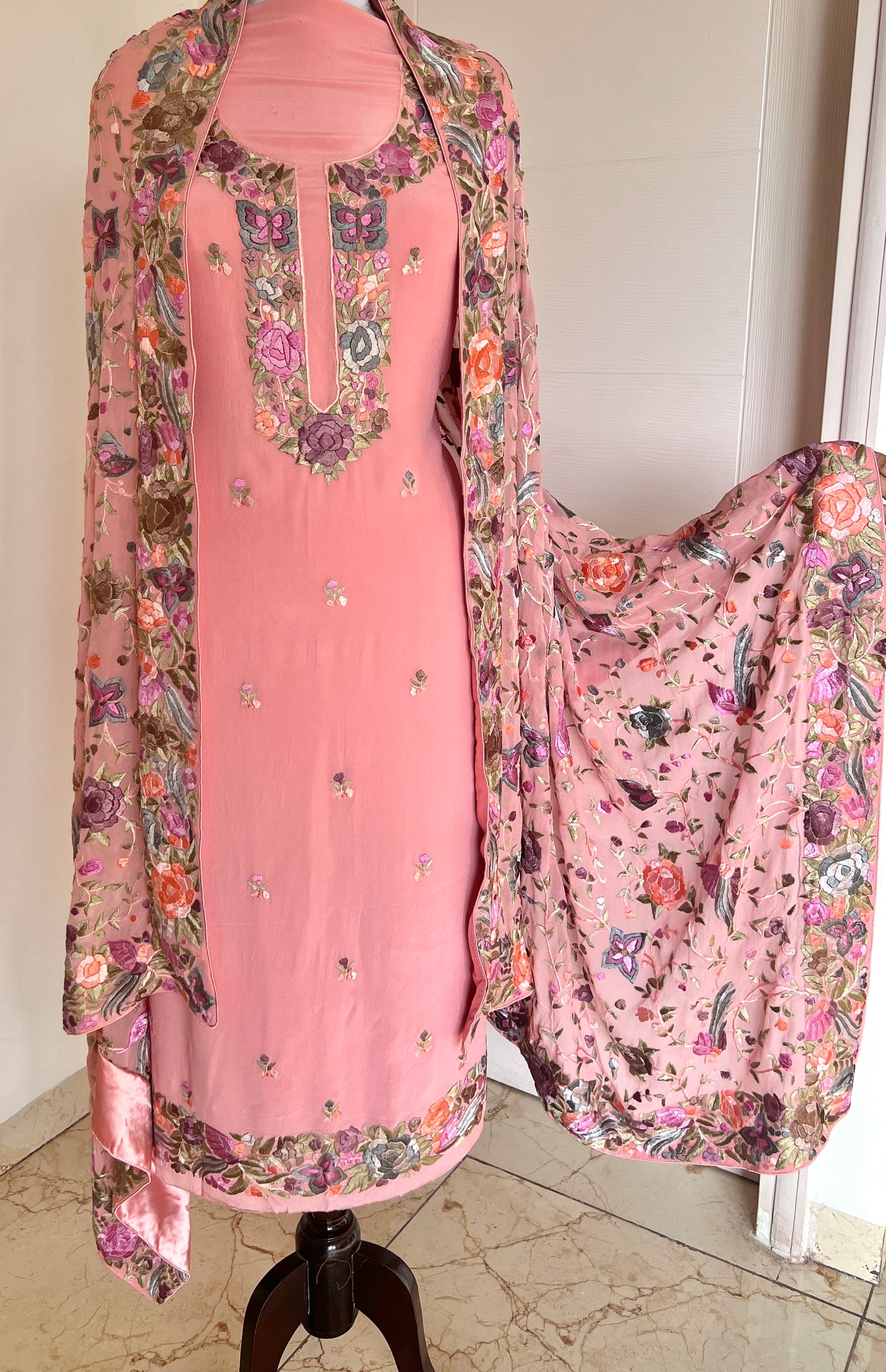 Coral Pink Hand Embroidered Parsi Gara full suit