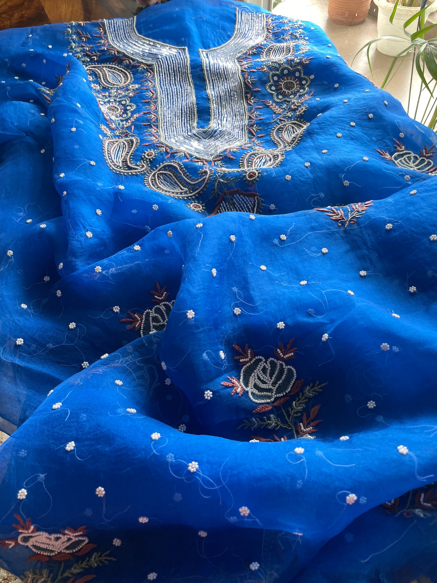 Royal Blue Chikankari pearl sequins pure Organza kurta with dupatta