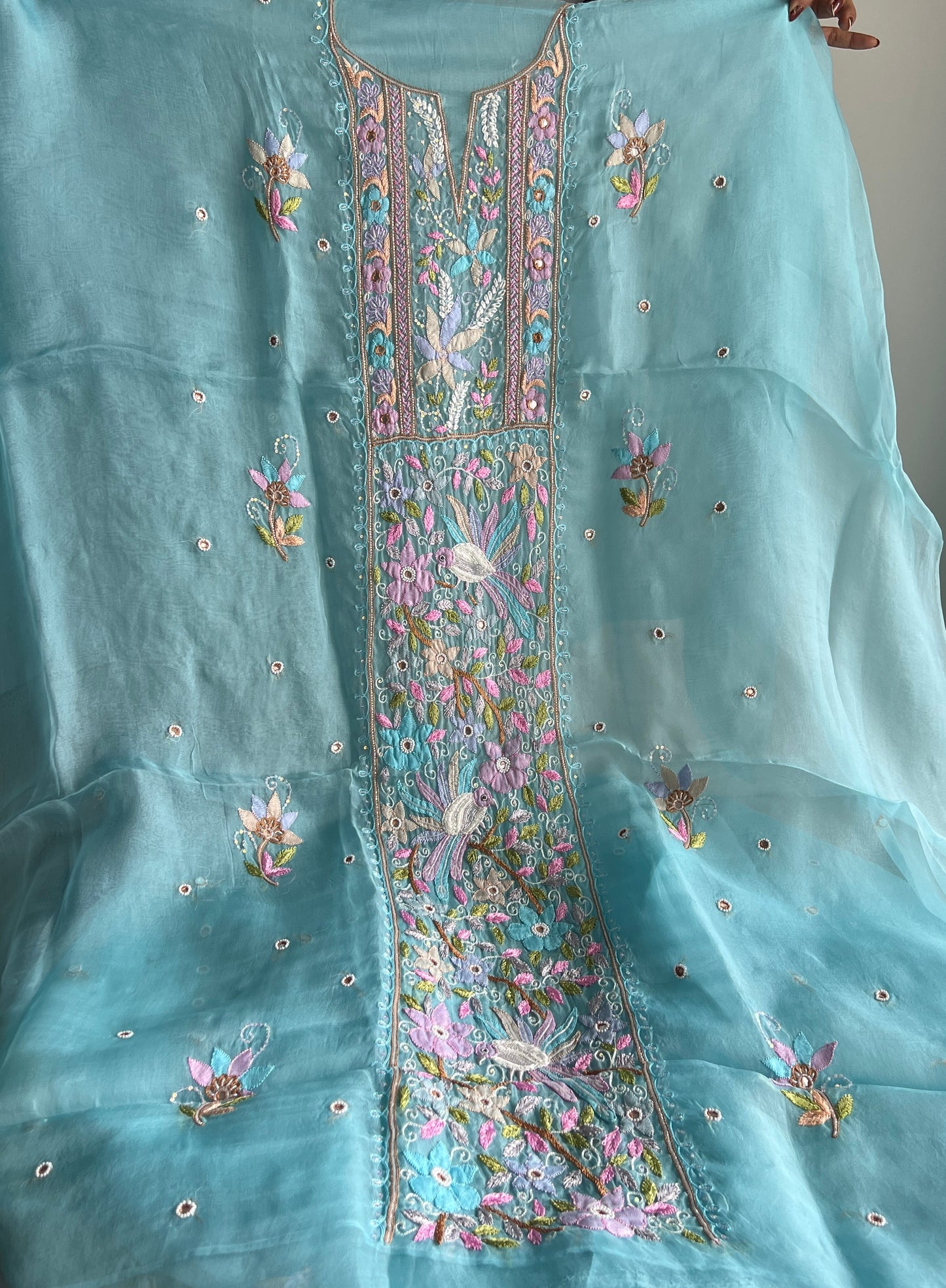 Firozi Resham Chikankari pure Organza kurta with dupatta