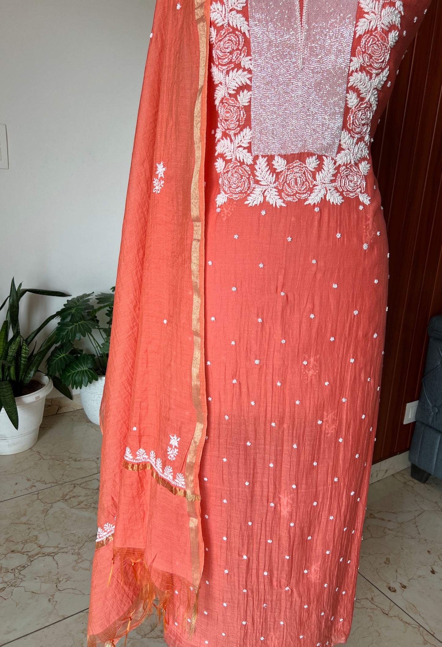 Coral orange pearl and sequins Kurta and Dupatta
