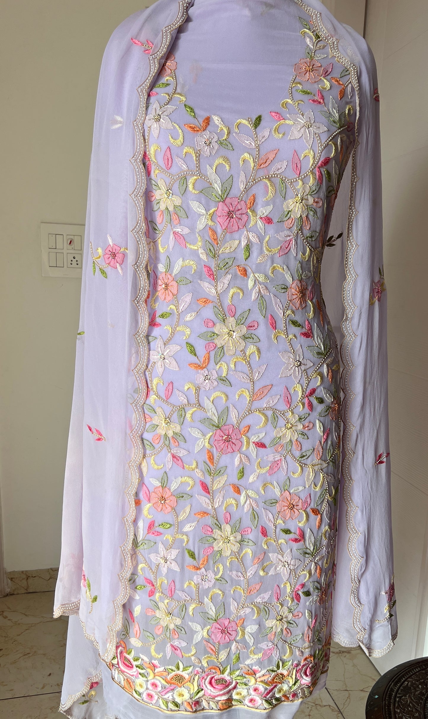 Lavender Resham Chikankari Parsi Gara and pearl work suit