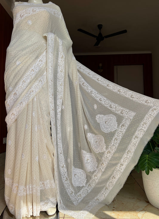 Ivory Ruhani Allover Fine Chikankari and Bareek Mukaish Saree