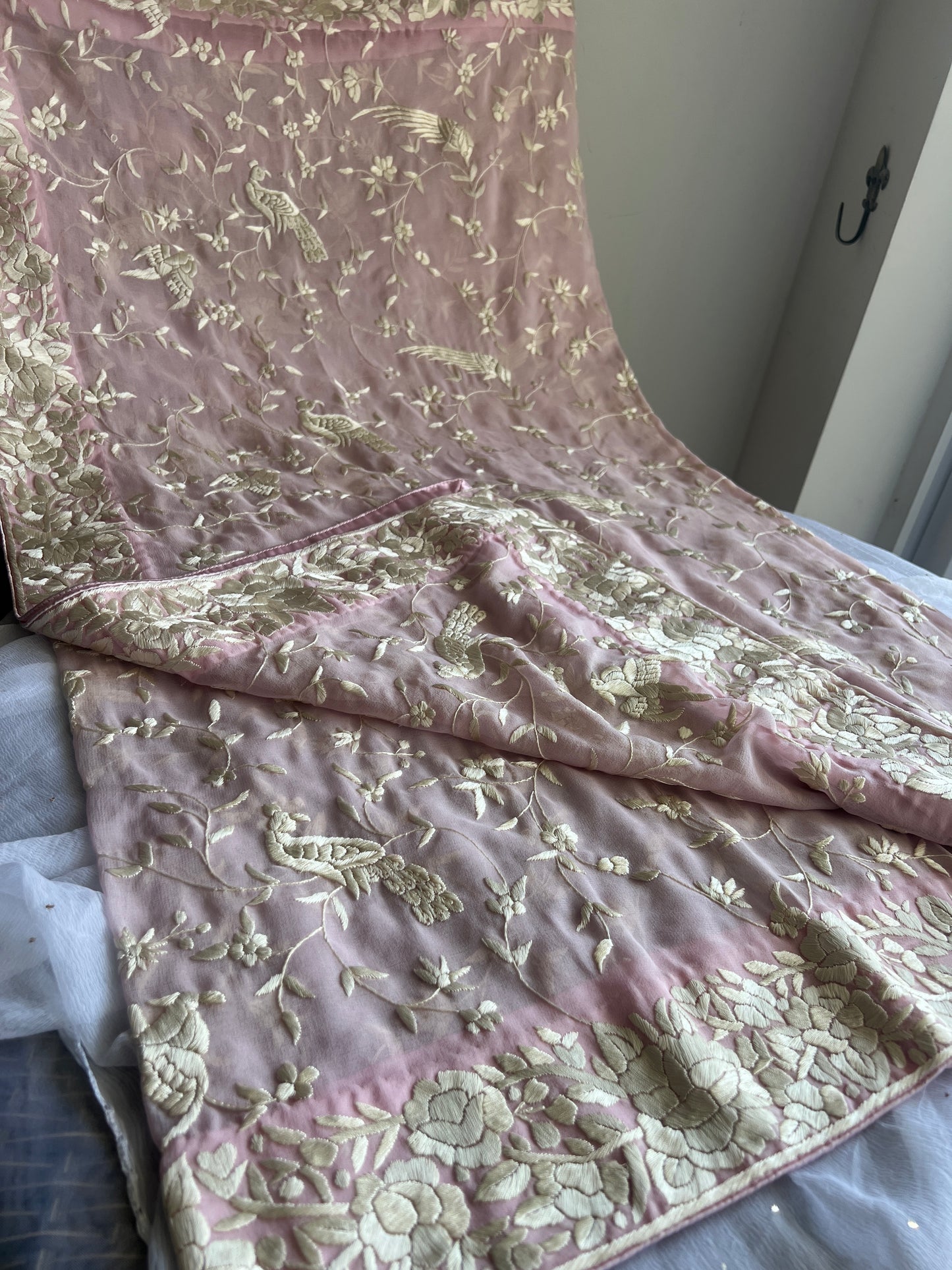 Light Pink Parsi Gara Hand Embroidered Dupatta