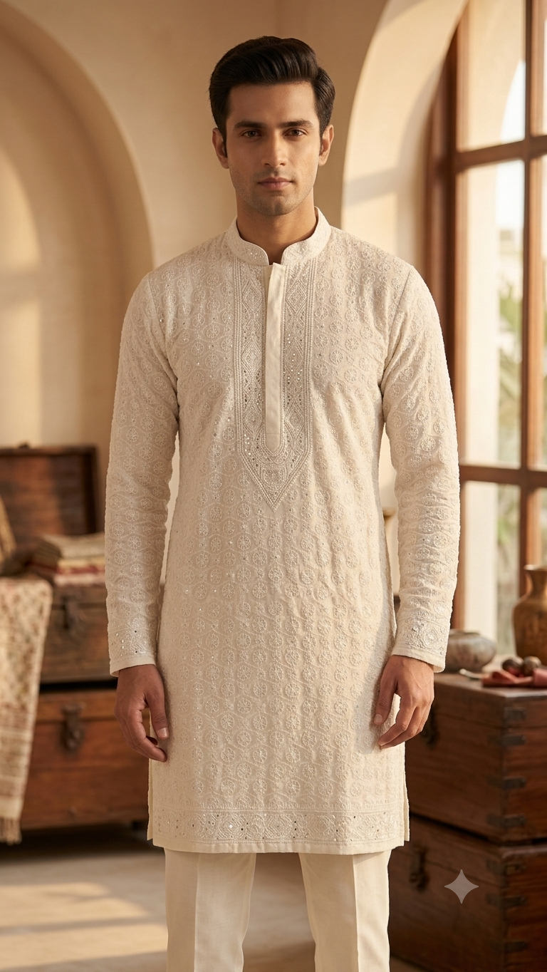 Ivory Pure Georgette Allover Chikankari and Cut dana sequins Men's Kurta Fabric
