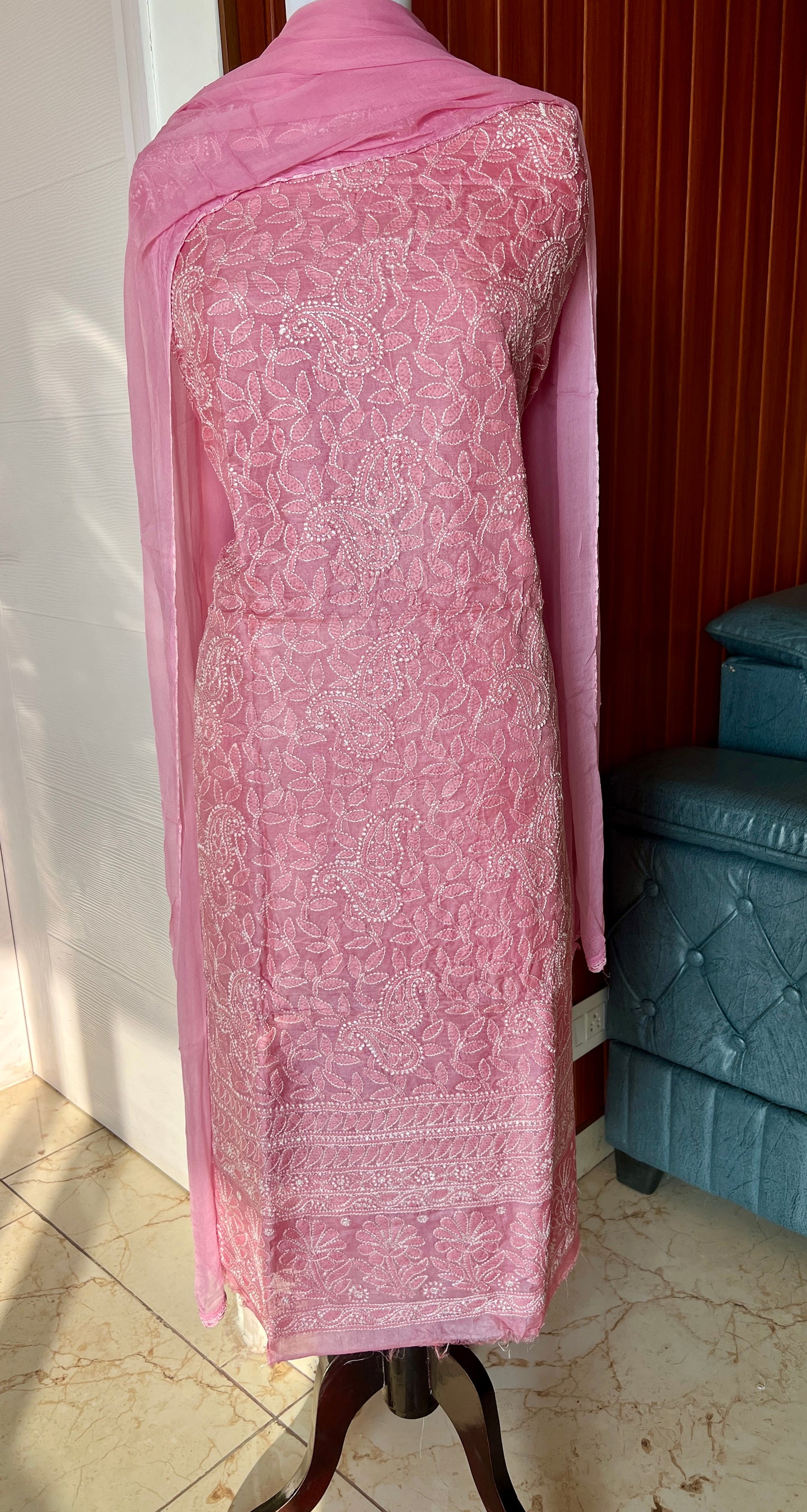 Tussar silk Chikankari embroidered kurta with chiffon dupatta