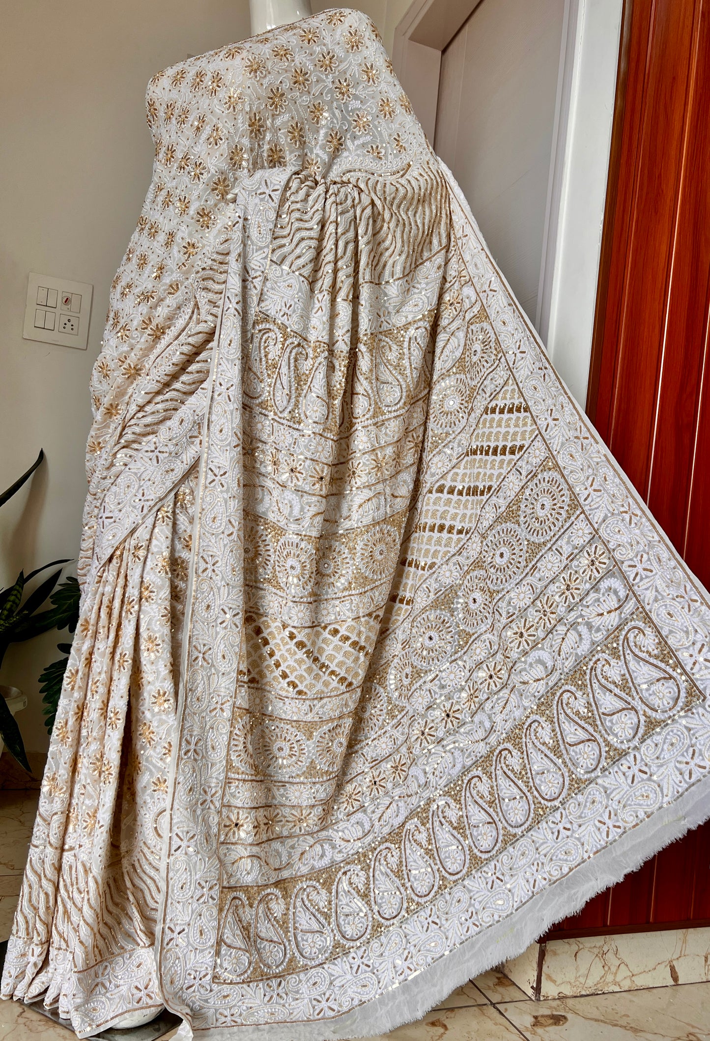 Ruhani Off White Chikankari Sequins Cut Dana Embroidered Masterpiece Saree