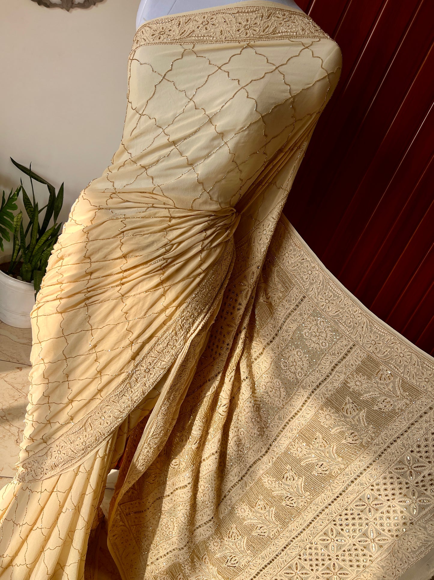 Ruhani Golden Chikankari Cut Dana and sequins Saree