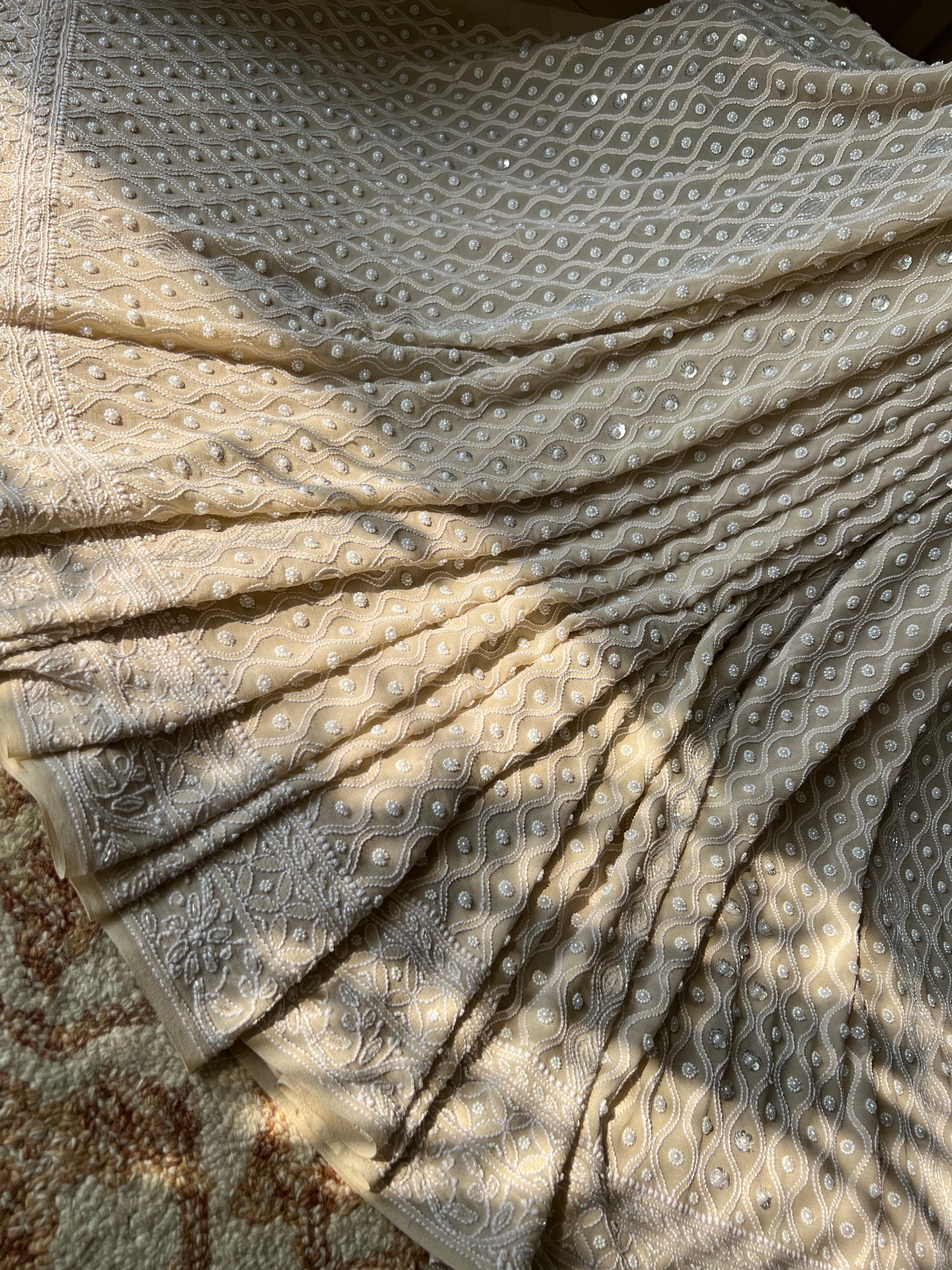 Ruhani Nude Champagne Chikankari Pearl Cut Dana and Sequins Saree