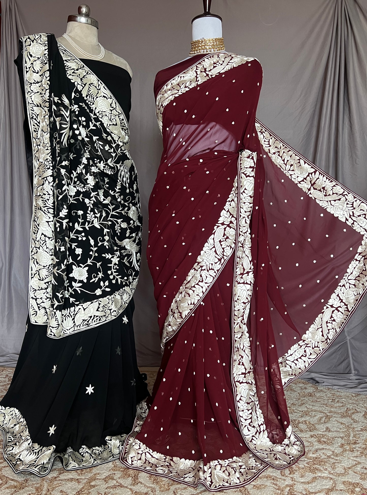Maroon Pure Georgette Parsi Gara Hand Embroidered Saree