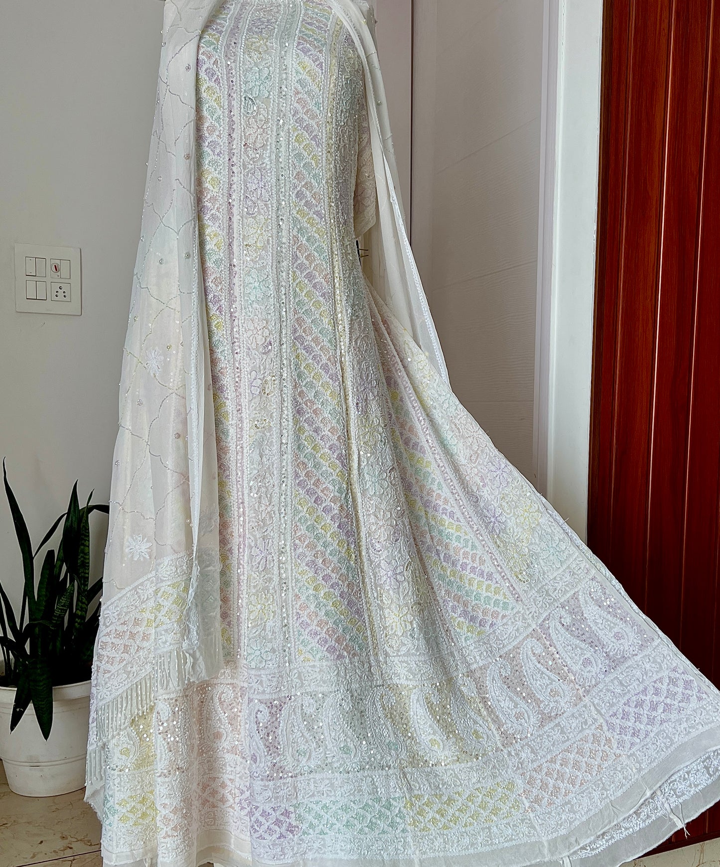 Ivory Chikankari multicolored Sequins and Cut Dana Anarkali